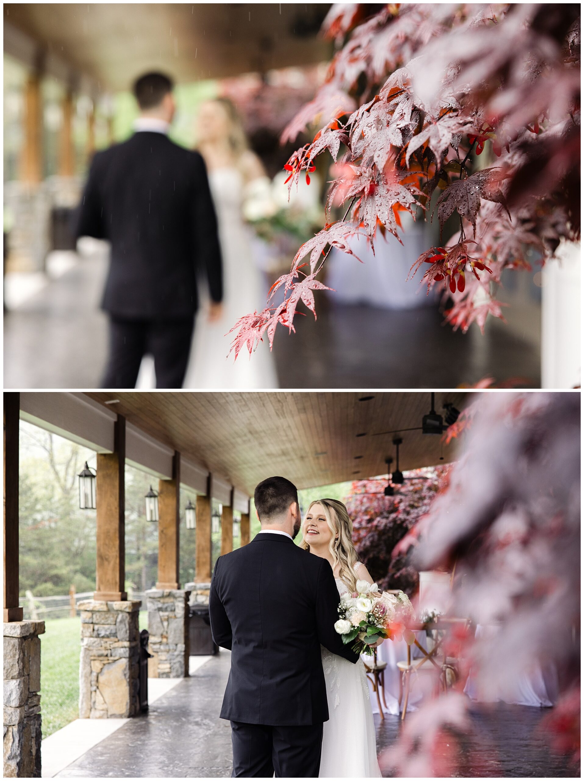 A bride and groom walking hand in hand under a covered patio at Chestnut Ridge, with the focus on leaves in the foreground in the top image, and the couple facing each other in the bottom image.