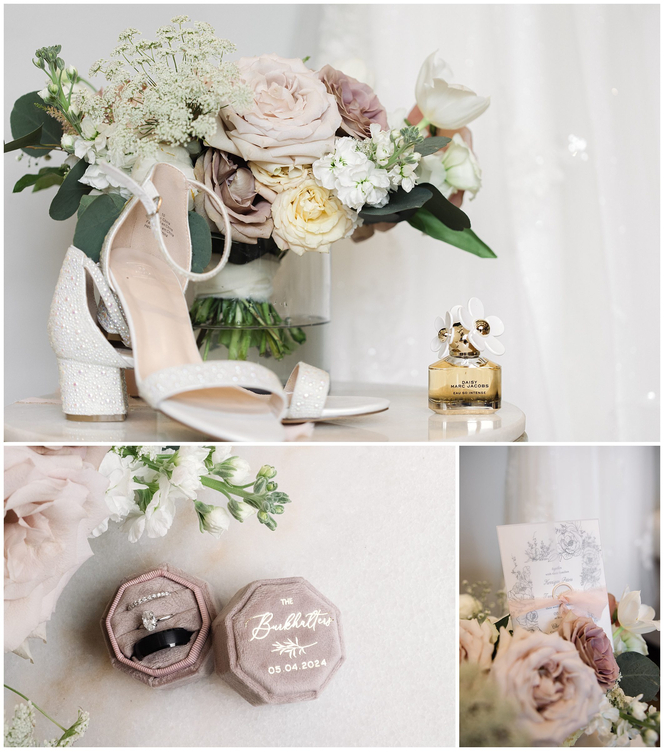 Collage of mountain wedding accessories: high-heeled shoes beside a bouquet, a hexagonal ring box, and an invitation card with flowers at Chestnut Ridge.