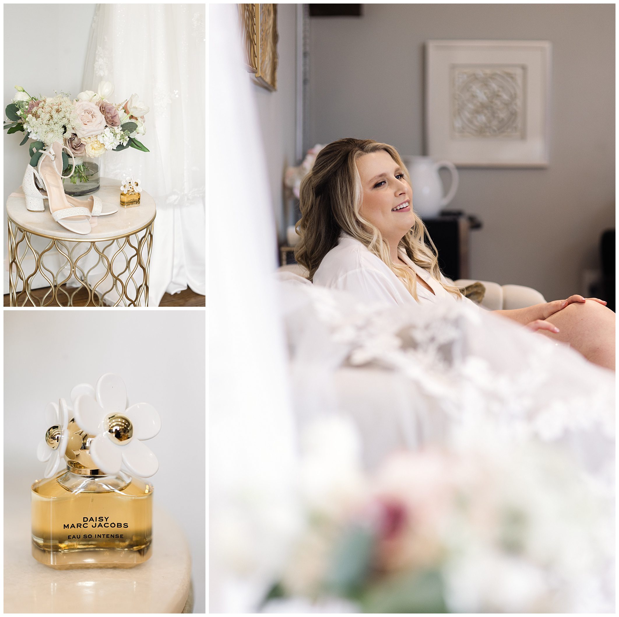 Collage of a bride relaxing at a mountain wedding, wedding shoes beside a bouquet, and a bottle of Marc Jacobs perfume.