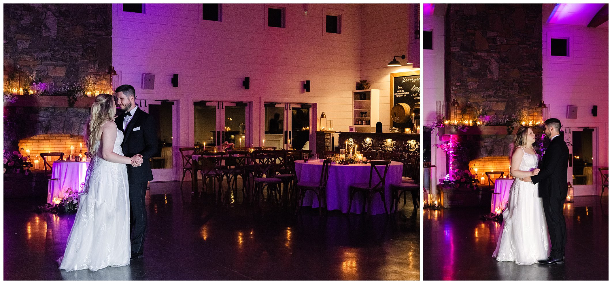 A bride and groom sharing a dance in a dimly lit reception hall at Chestnut Ridge with purple lighting and tables adorned with candles.