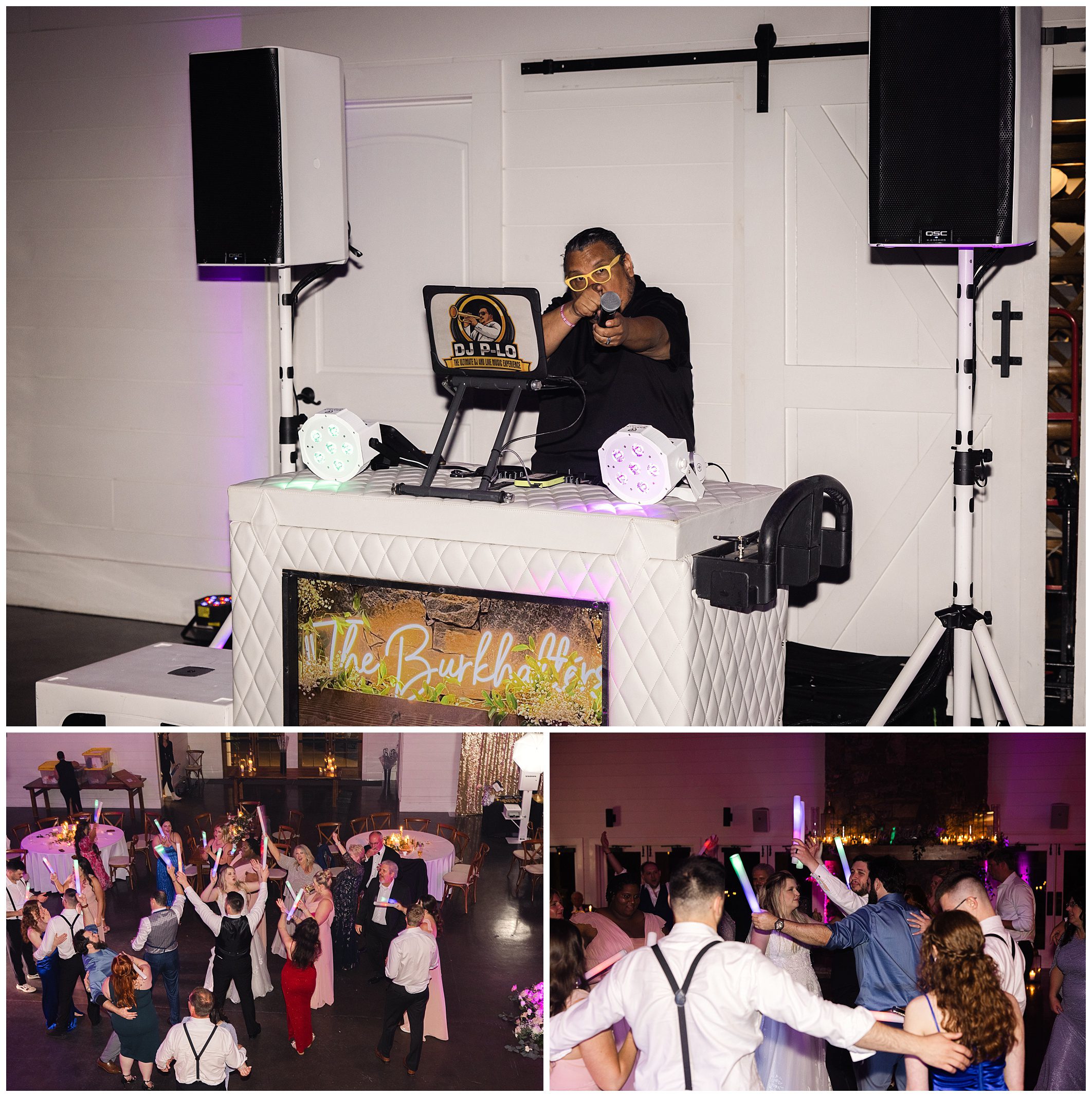 DJ with headphones performs at a mountain wedding at Chestnut Ridge while guests dance enthusiastically on the dance floor below.