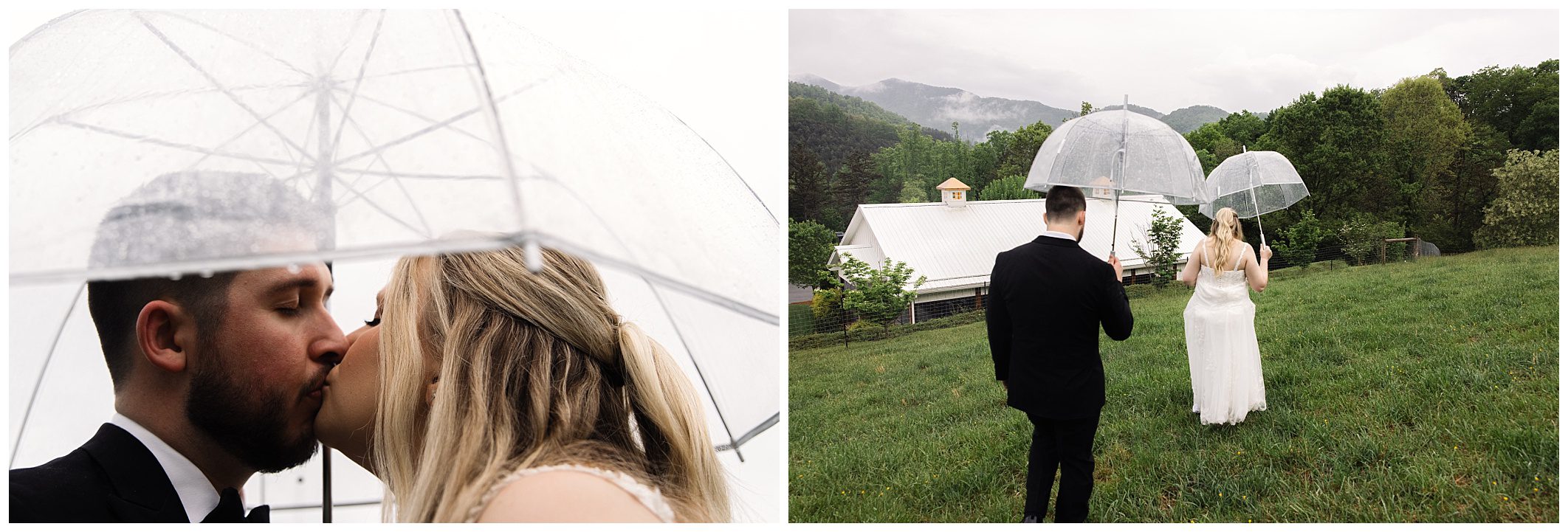 A bride and groom kiss under a clear umbrella with a natural mountain landscape backdrop, and walk away holding hands, each under their own umbrella, towards a distant white church at Chestnut Ridge.