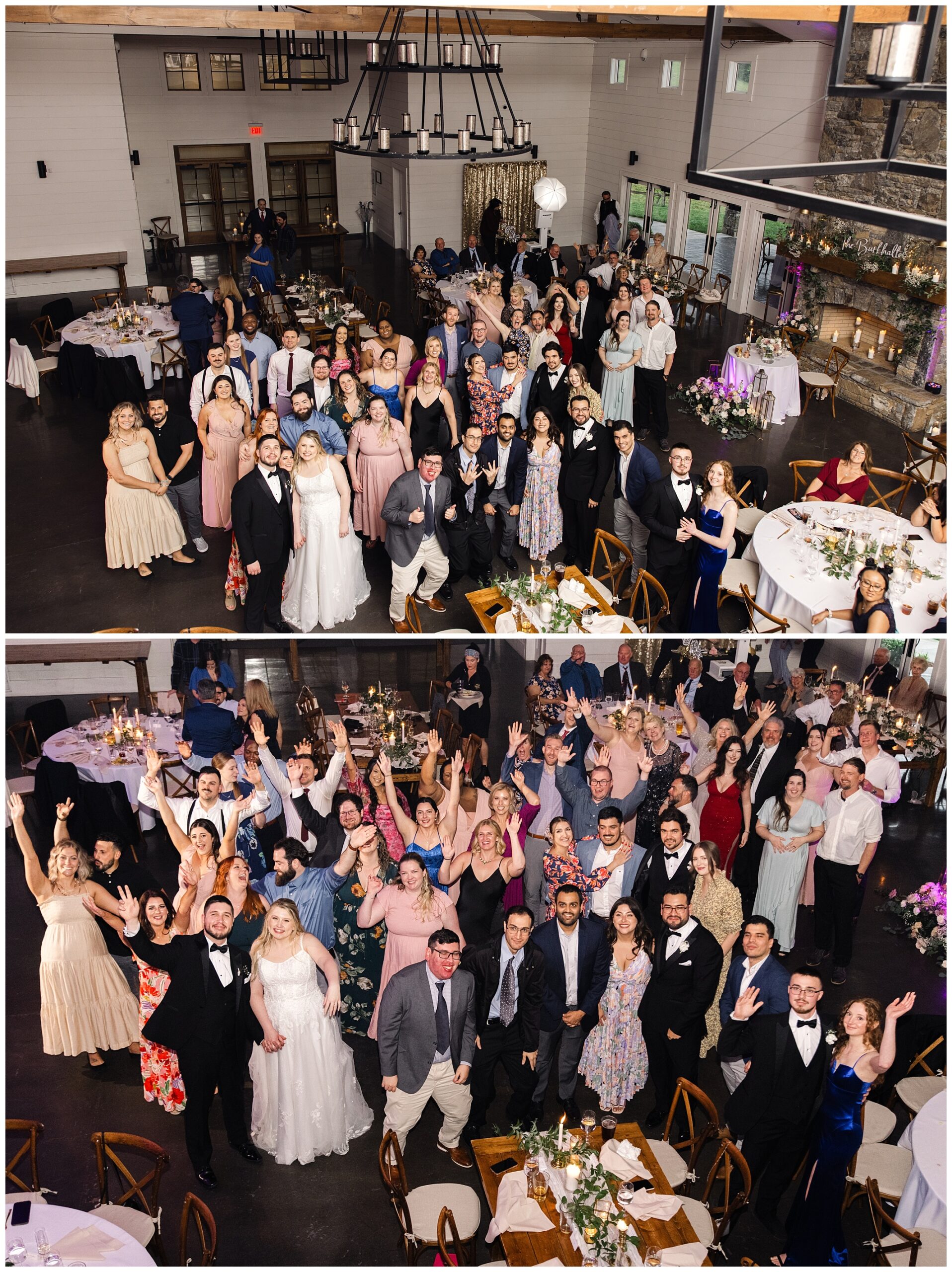 A mountain wedding reception scene at Chestnut Ridge with guests gathered around the bride and groom, smiling and waving at the camera in a festively decorated hall.