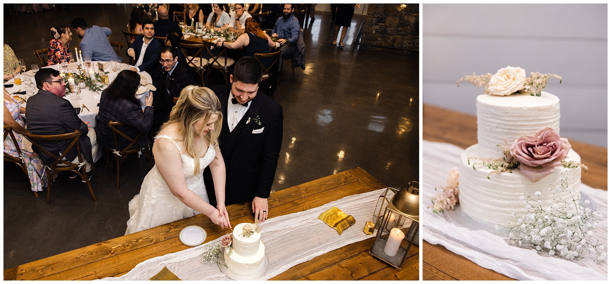 A bride and groom cutting their wedding cake at a mountain reception, surrounded by guests, and a close-up of a white tiered cake decorated with pink flowers.