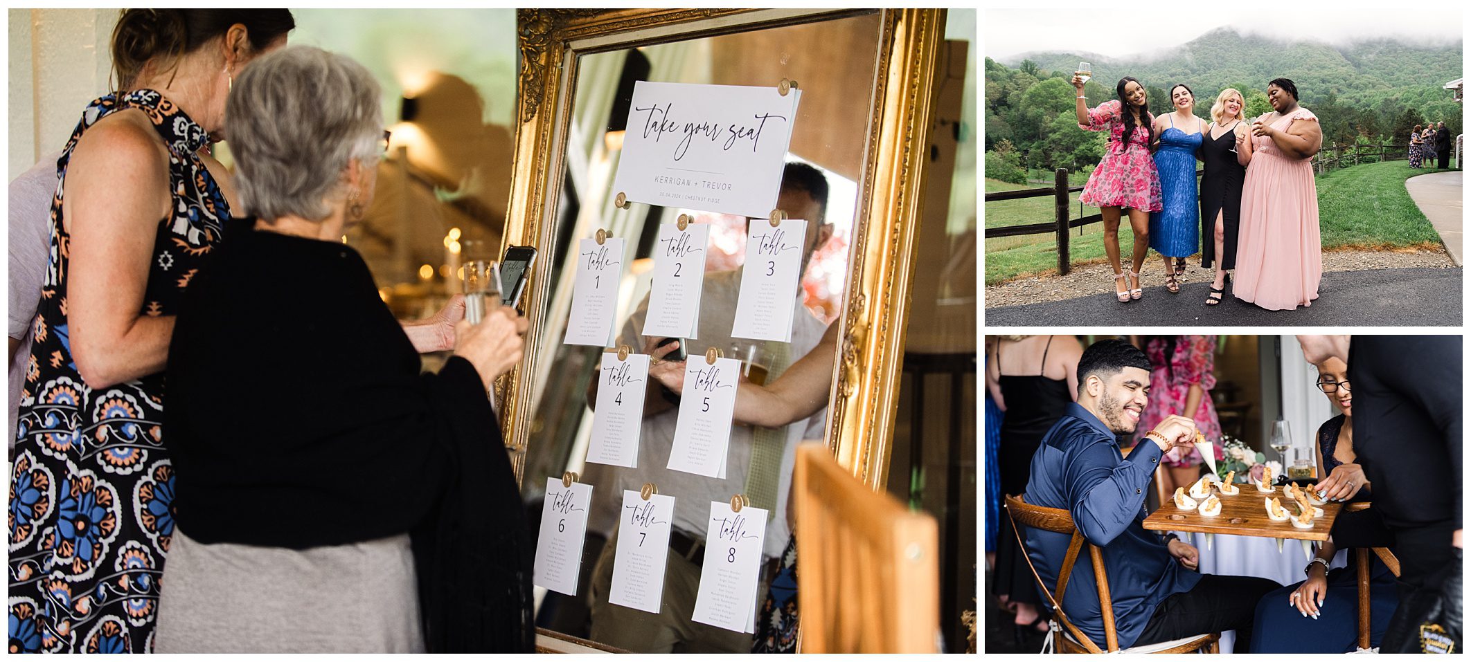 Three panels featuring mountain wedding scenes at Chestnut Ridge: guests checking seating chart, three women posing outdoors in the rain, couple dining and laughing at a table.