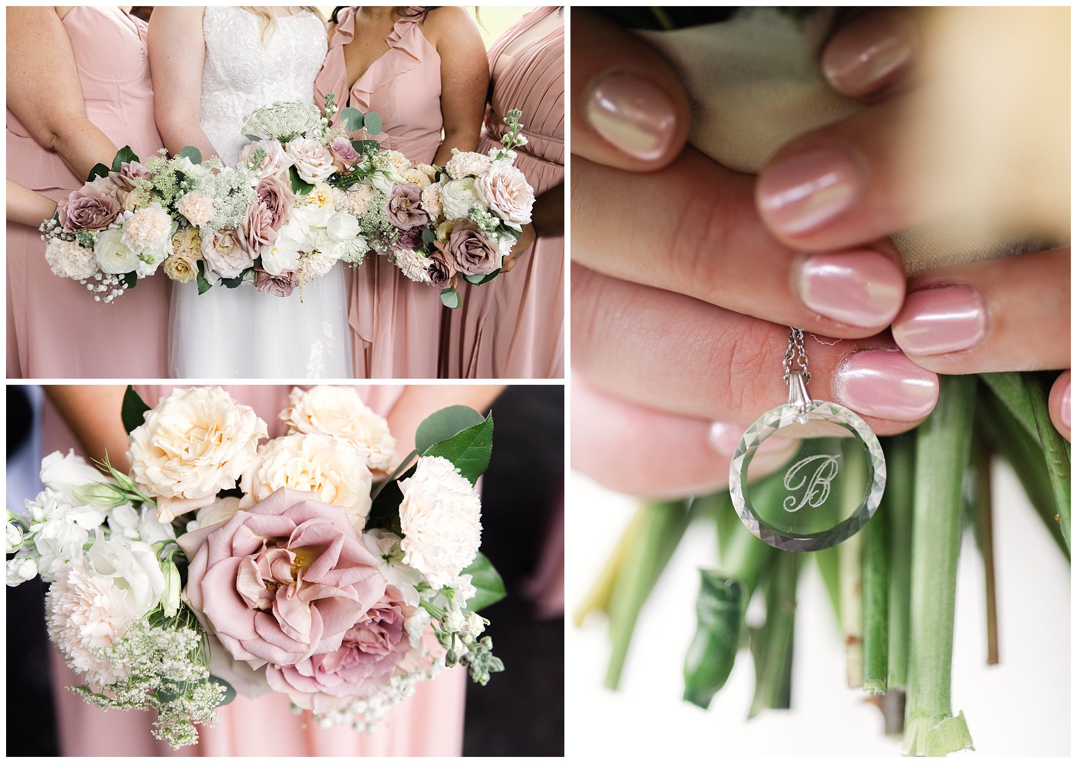 Collage of a bridal party holding pastel flower bouquets at a mountain wedding, a close-up of a manicured hand with a pendant, and a detailed view of a bouquet.