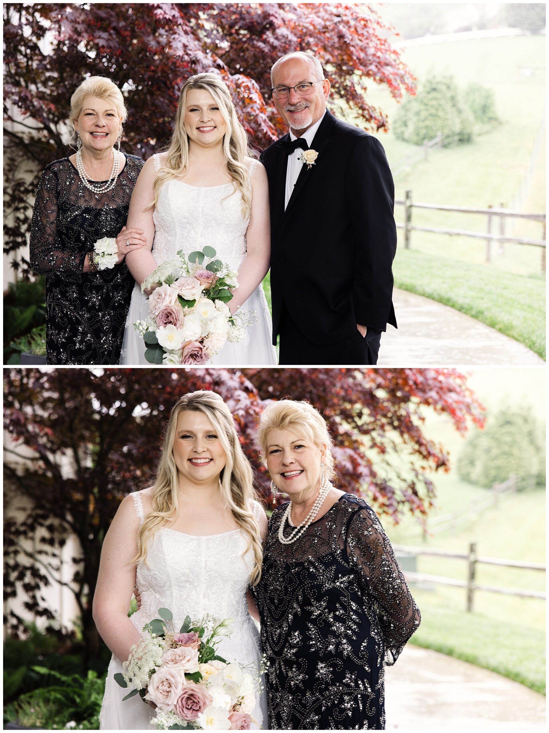 Bride in white dress with parents in formal wear holding flower bouquet, posing outdoors at Chestnut Ridge. Second image shows bride closely with her mother, both smiling in the mountain rain.