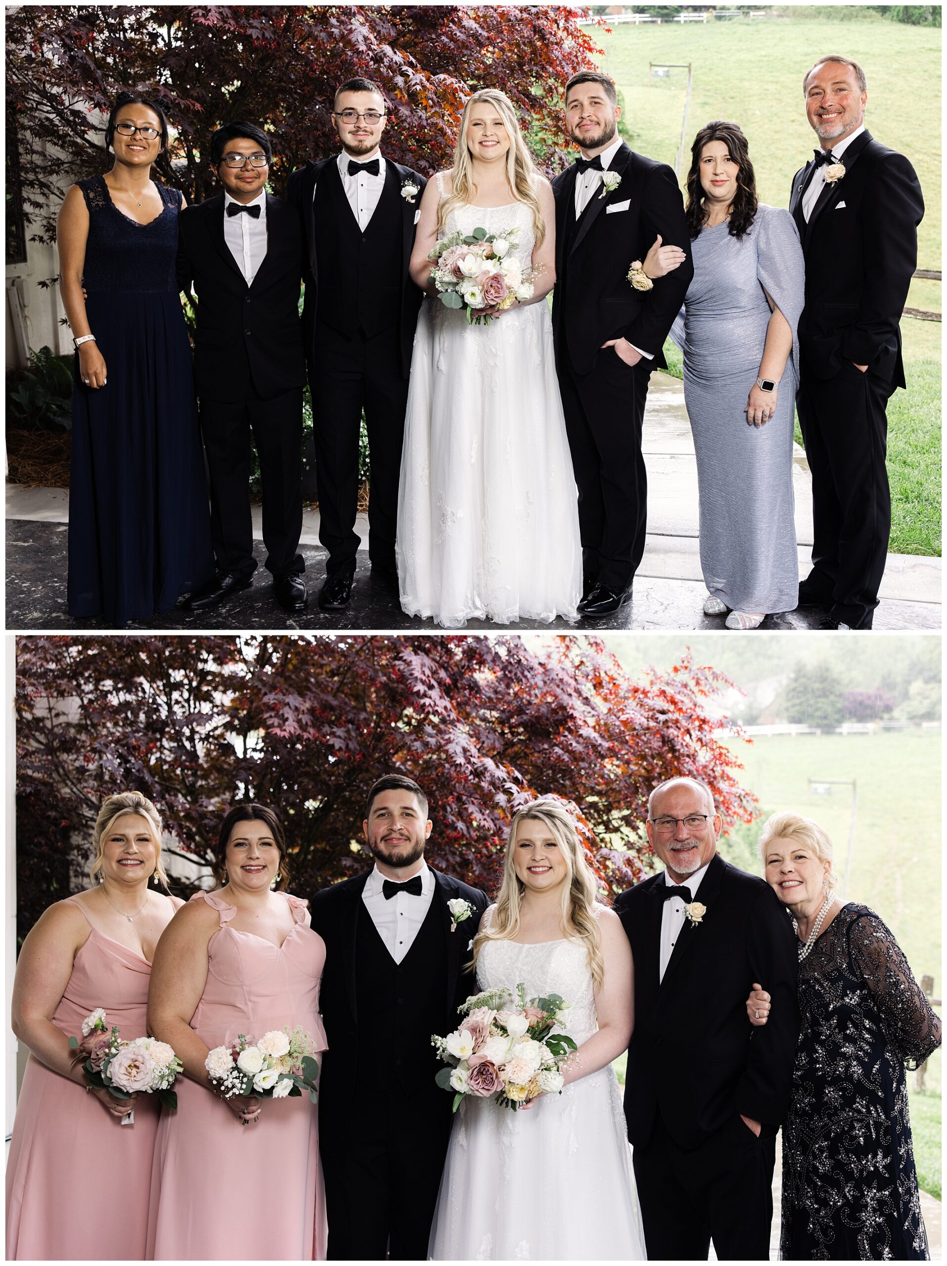Two wedding group photos featuring a bride and groom with their guests, taken outdoors in the mountain rain and indoors at Chestnut Ridge against different backdrops.
