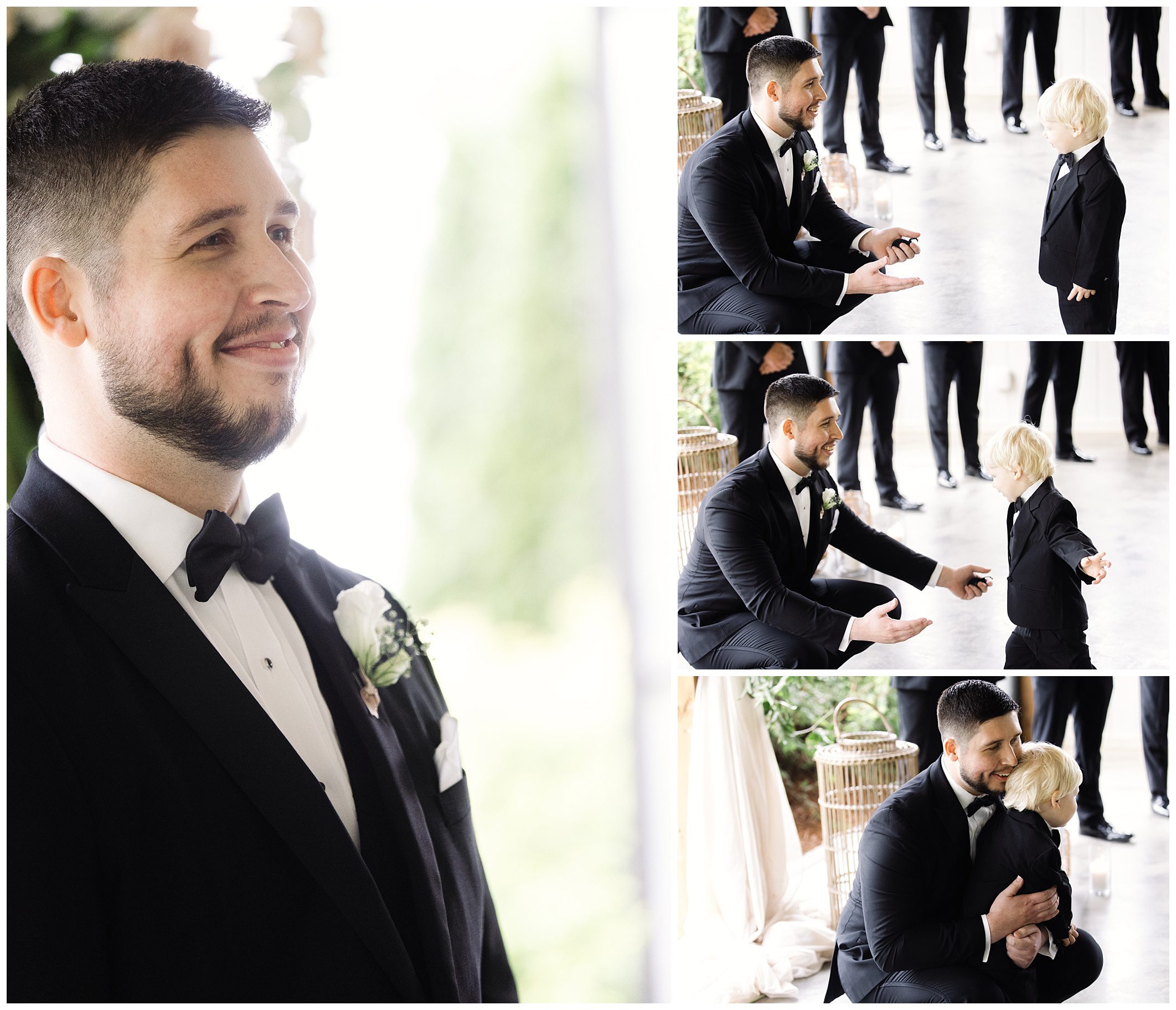 A collage of photos at a mountain wedding: a smiling groom in a tuxedo, greeting a young boy in a matching suit, and embracing him in a heartfelt hug.