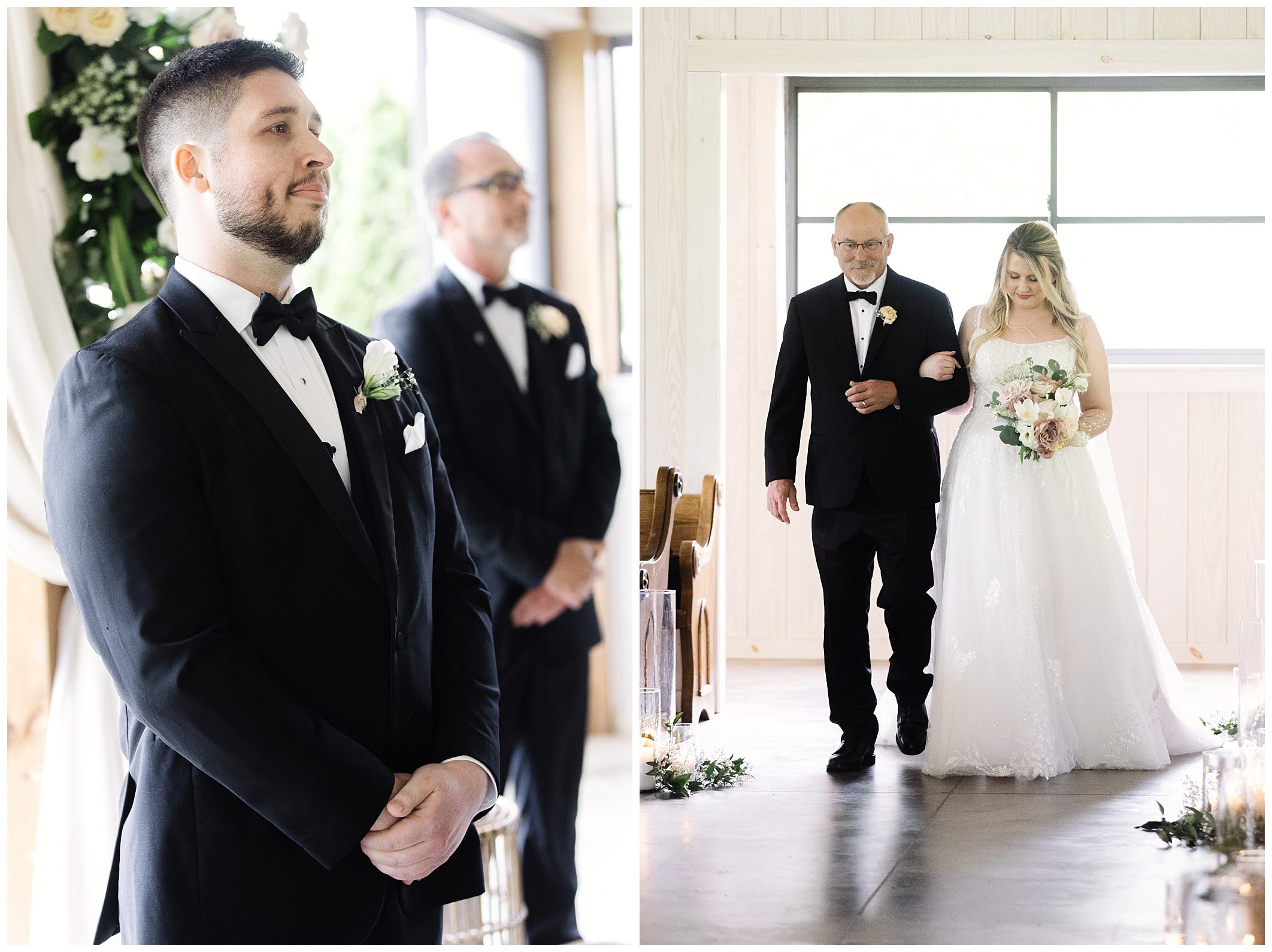 Groom in a black tuxedo smiles gently, waiting at the altar, while the bride, guided by her father, walks down the aisle in a white dress, both at a mountain wedding venue.