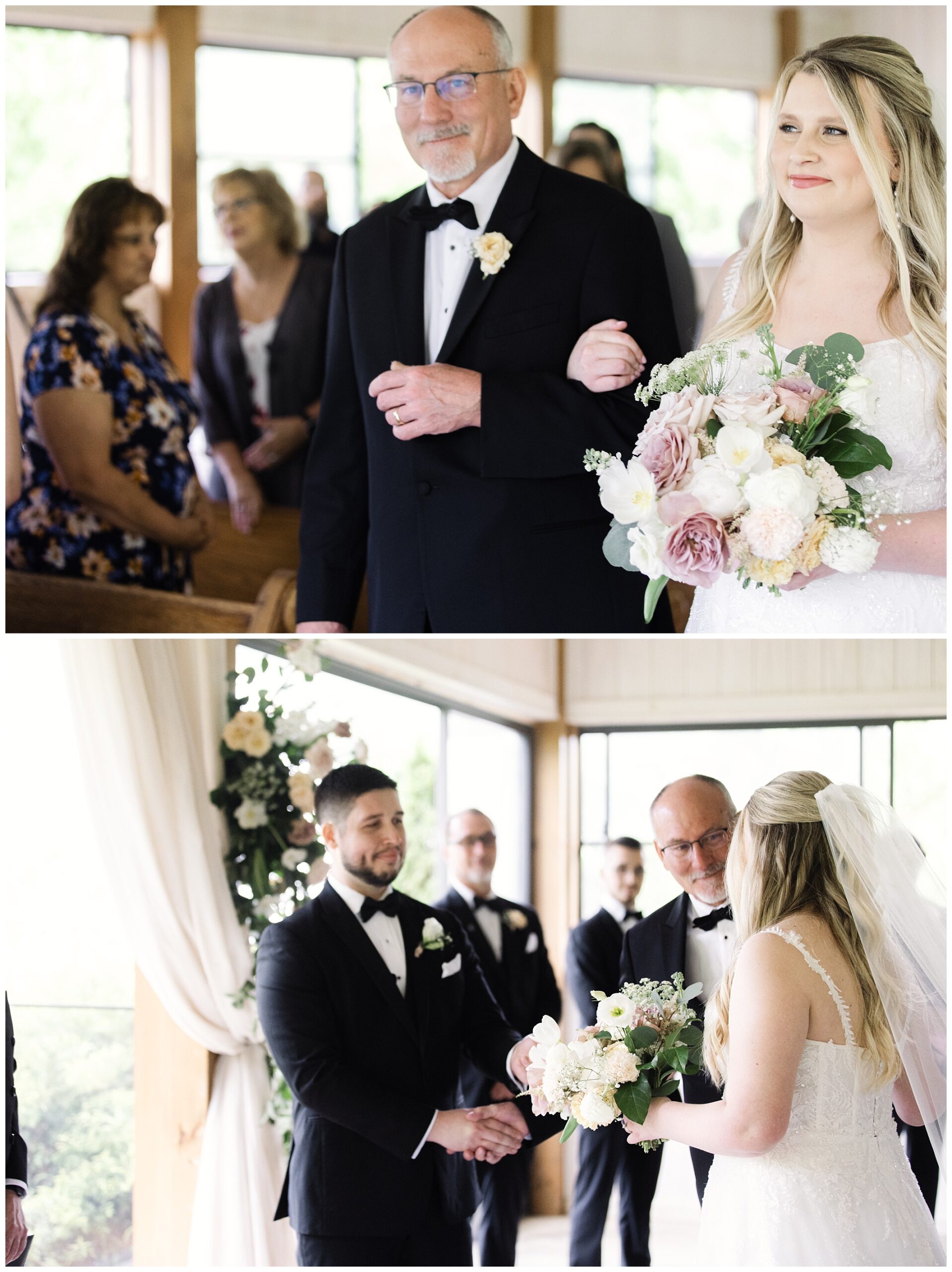 Two photos of a mountain wedding ceremony at Chestnut Ridge: top shows a bride with her father; bottom captures bride and groom holding hands at the altar.