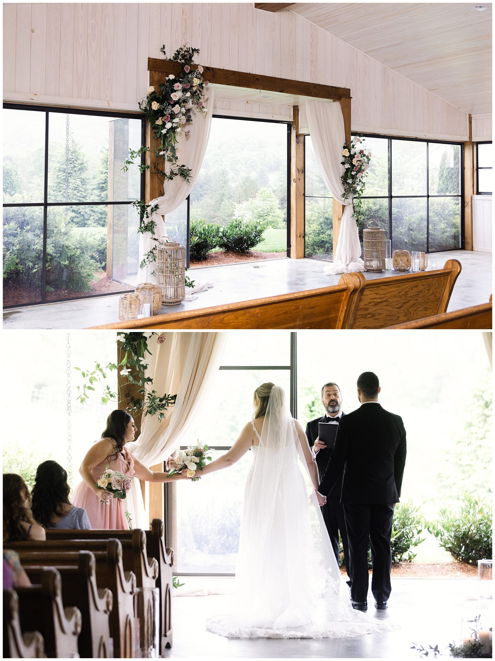 A bride and groom holding hands at the altar during a mountain wedding ceremony at Chestnut Ridge, with guests seated and décor including floral arrangements in a well-lit venue with large windows.