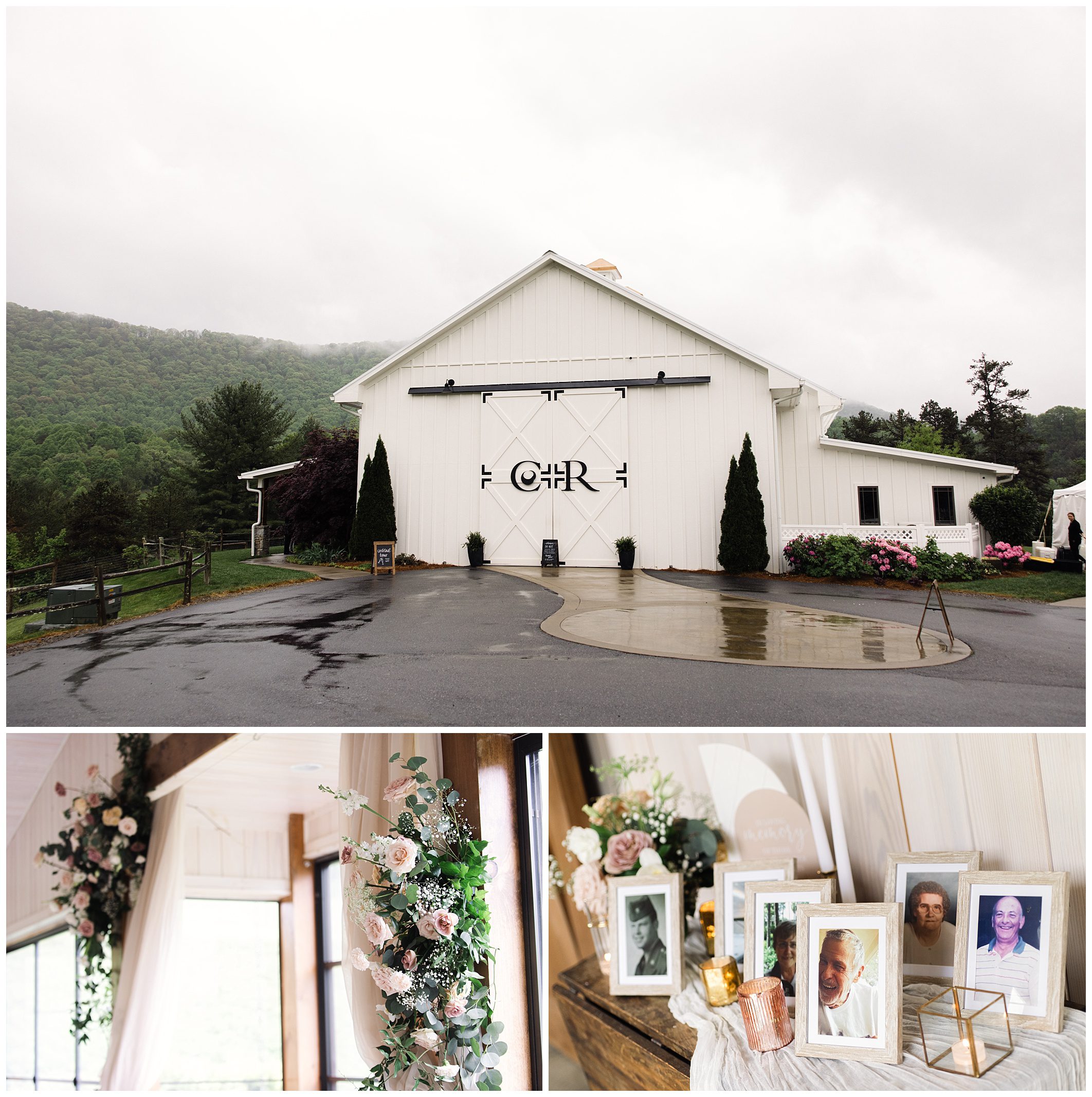 Collage of three images: a large white wedding venue barn against a stormy mountain landscape at Chestnut Ridge, an elegantly decorated interior stairway, and a close-up of framed photographs beside floral arrangements.