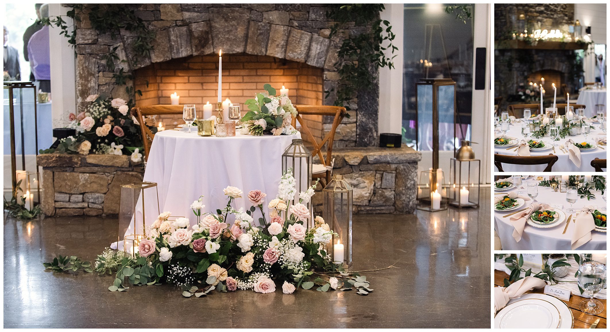 Elegant mountain wedding reception venue at Chestnut Ridge with floral decorations, candle lanterns, a fireplace, and a set dining table.