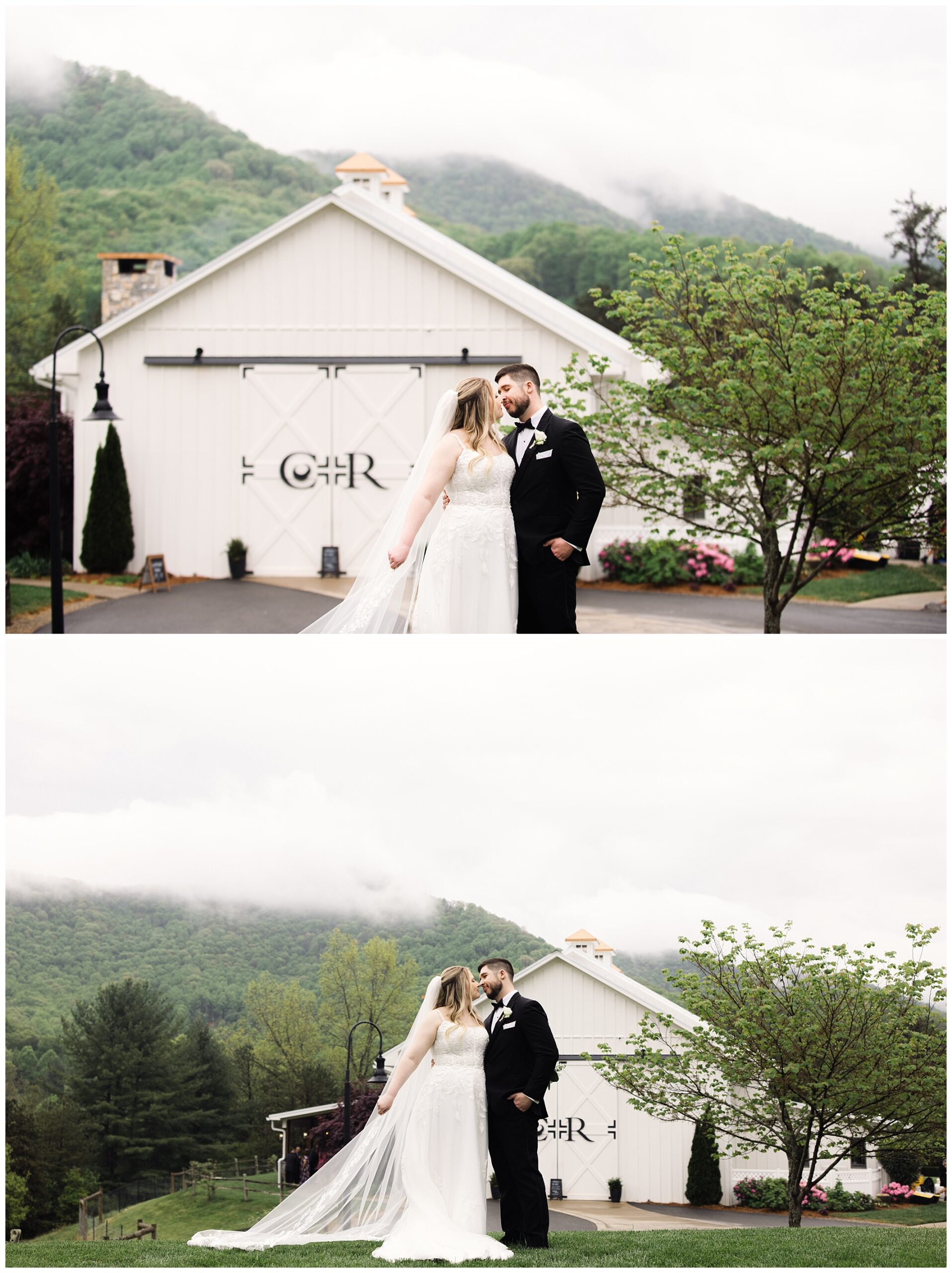 A bride and groom embracing in front of a white barn, with misty mountains in the background at Chestnut Ridge. mountain wedding rain at chestnut ridge
