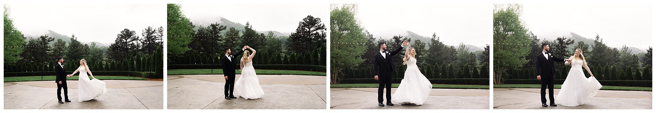 A panoramic four-part wedding photo series showing a bride and groom in an emotional first look and playful moments against a mountainous backdrop at Chestnut Ridge.