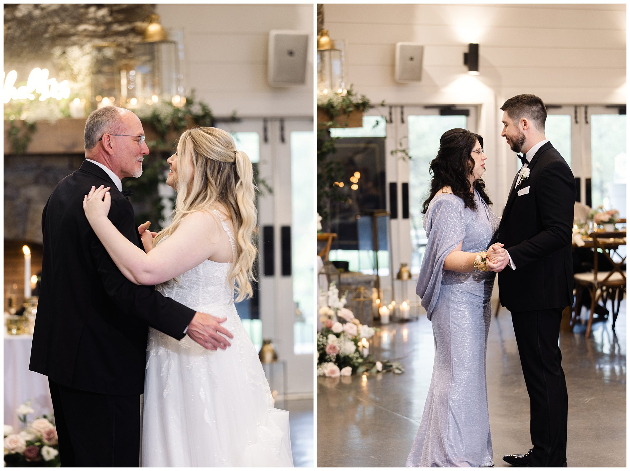 Two images of wedding dances at Chestnut Ridge: on the left, a bride dances with an older man in a suit; on the right, a bride in a lavender dress dances with a groom in a tuxedo.