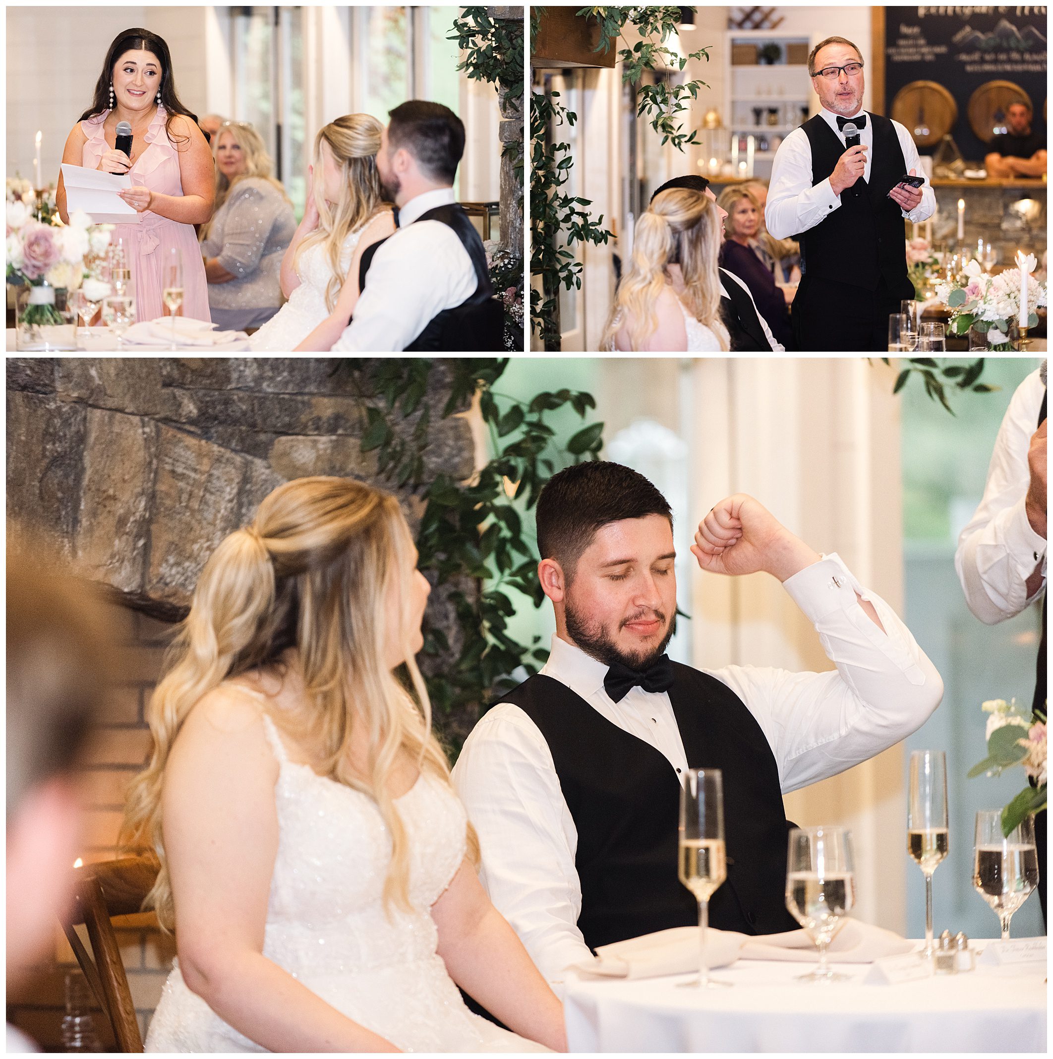 Collage of mountain wedding reception speeches at Chestnut Ridge: top left, a woman speaking with a microphone; top right, a man giving a speech; bottom, a bride and groom listening attentively.