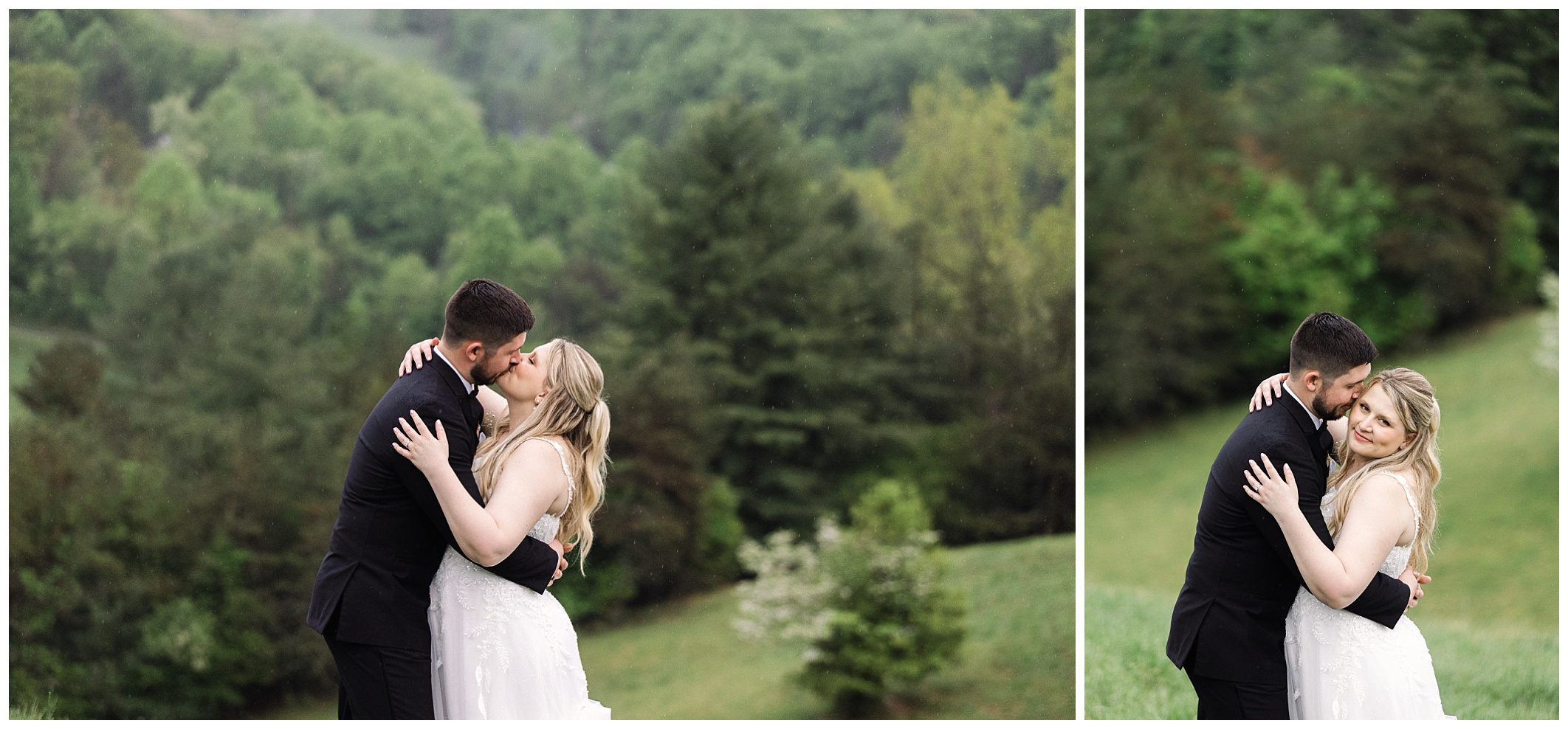 A couple in wedding attire embrace and kiss in a lush, green mountain landscape at Chestnut Ridge, with the second image showing them smiling and gazing at each other.