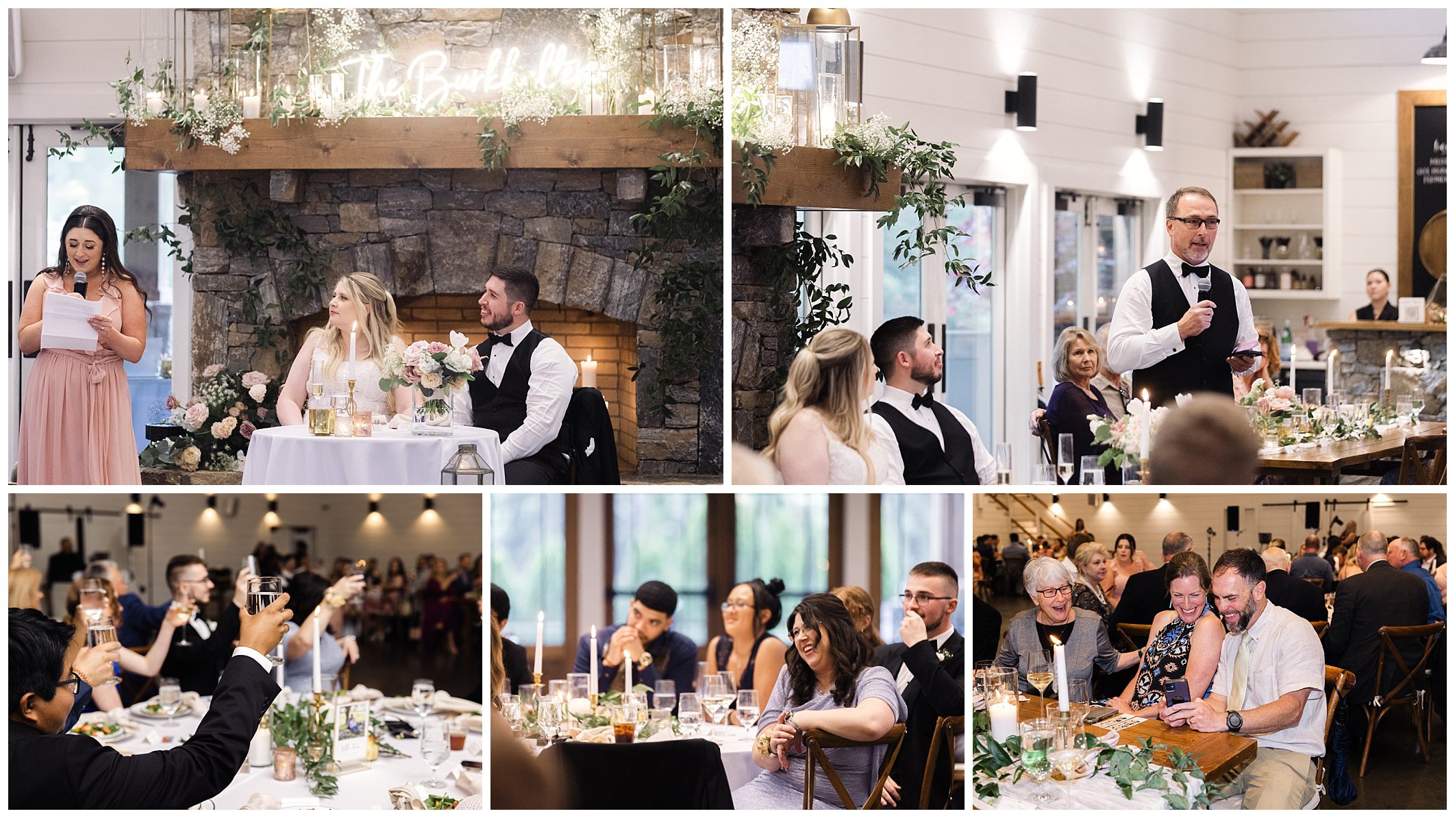 Collage of mountain wedding reception scenes at Chestnut Ridge, including speeches at a head table, guests dining, and people toasting at a well-decorated venue.