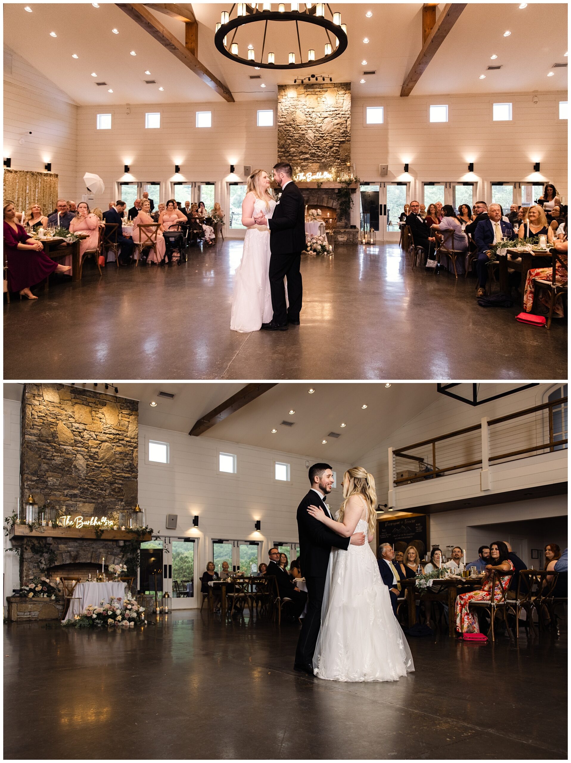Bride and groom sharing a first dance in a hall filled with seated guests at Chestnut Ridge, under a large circular chandelier and in front of a stone fireplace.