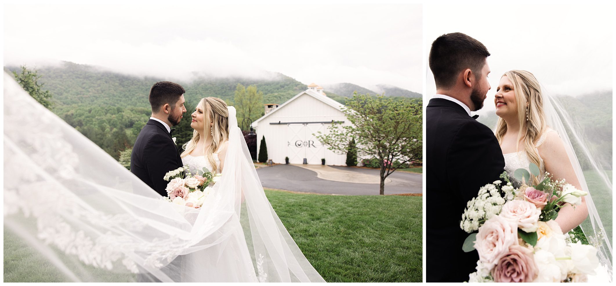A bride and groom stand outdoors holding hands, with rolling hills at Chestnut Ridge in the background; the bride's veil gently flows in the foreground.