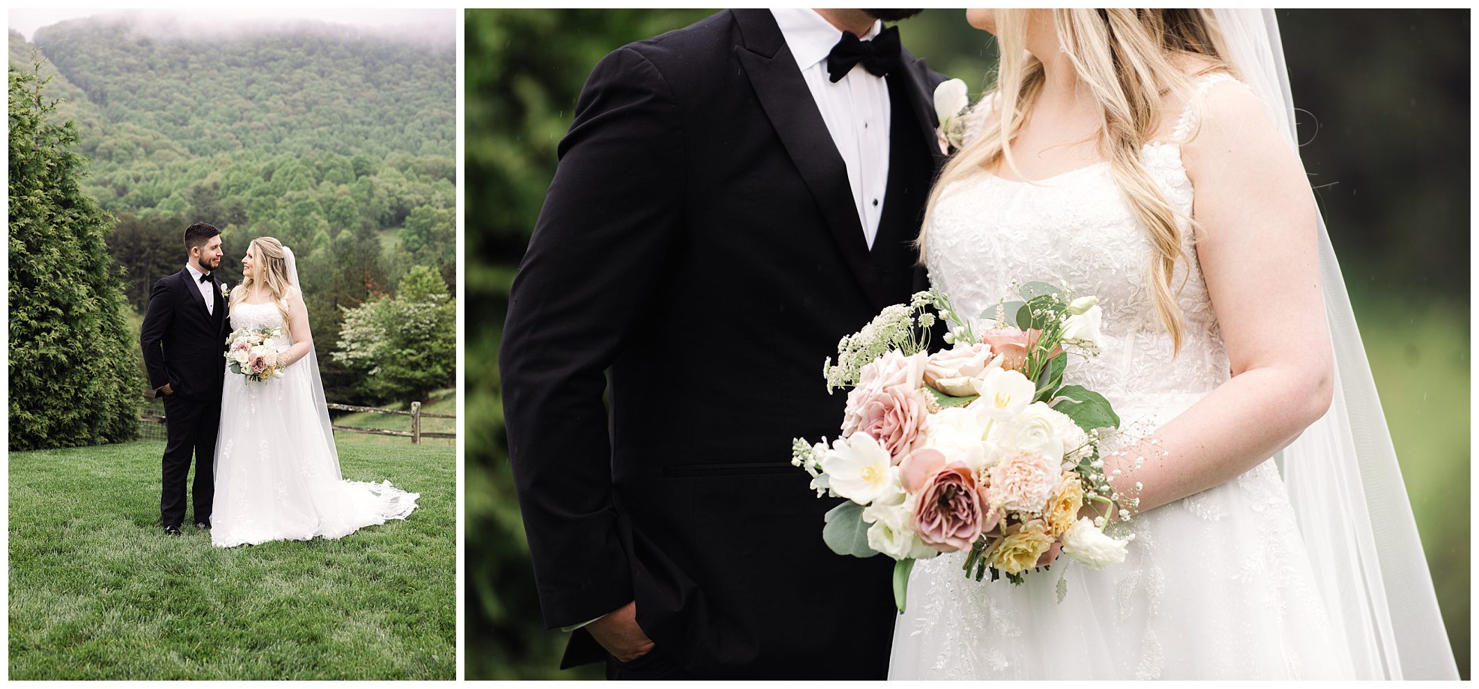 Bride and groom at a mountain wedding in Chestnut Ridge, exchanging vows; close-up of bride holding a bouquet, focusing on her gown and bouquet details.