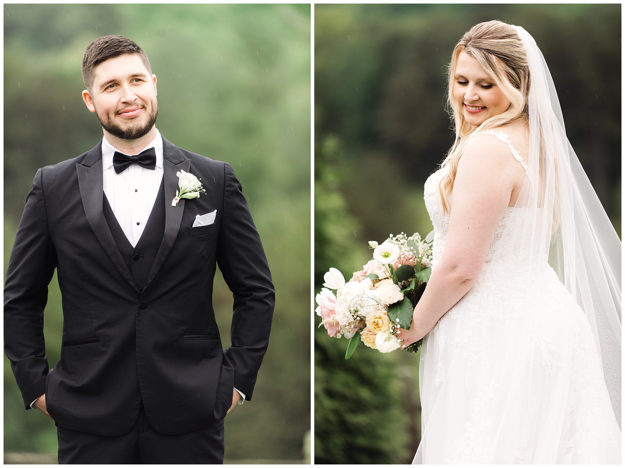 A groom in a black tuxedo and a bride in a white gown with a bouquet, each posing separately outdoors at Chestnut Ridge.