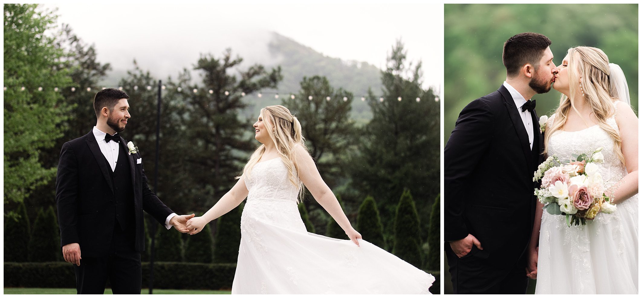 A bride and groom outdoors holding hands and kissing, with a rain-soaked Chestnut Ridge in the background.
