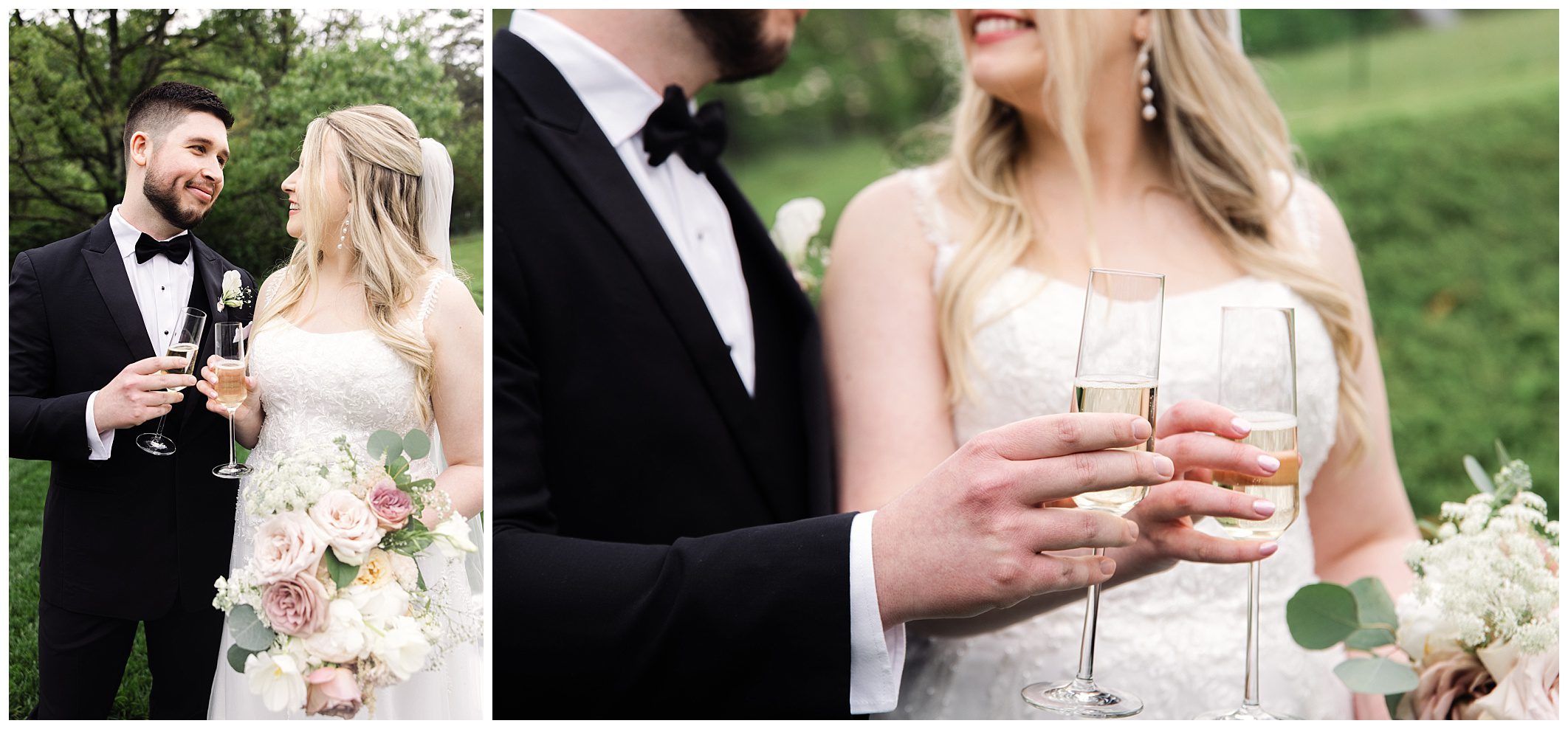 A bride and groom toasting with champagne glasses at a mountain wedding in a lush green setting, focusing on their joyful expressions and elegant wedding attire.