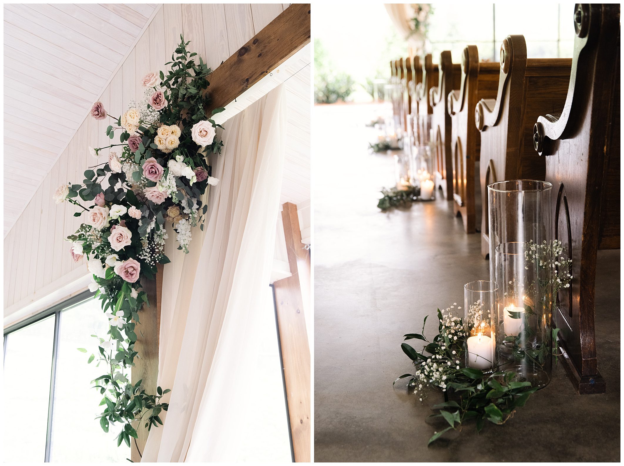 Floral arrangement on wooden beam and candle decorations along church pew at a mountain wedding venue.