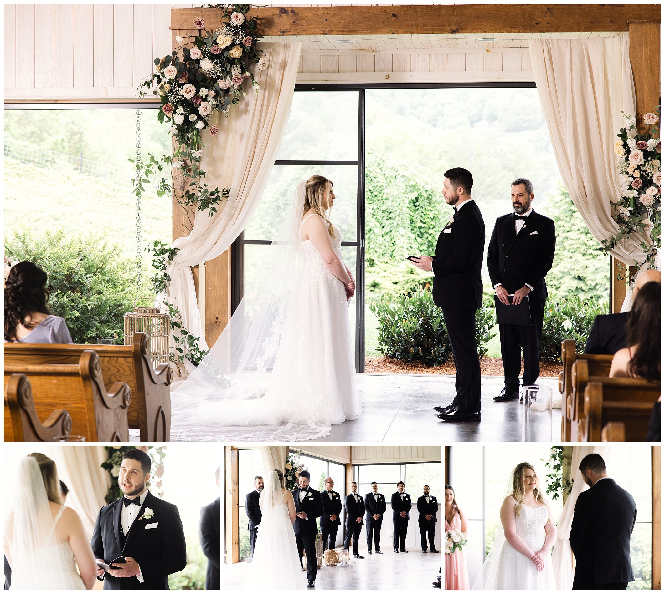 A wedding ceremony inside a bright venue at Chestnut Ridge with large windows, featuring a bride and groom standing opposite each other, officiant and guests in attendance.