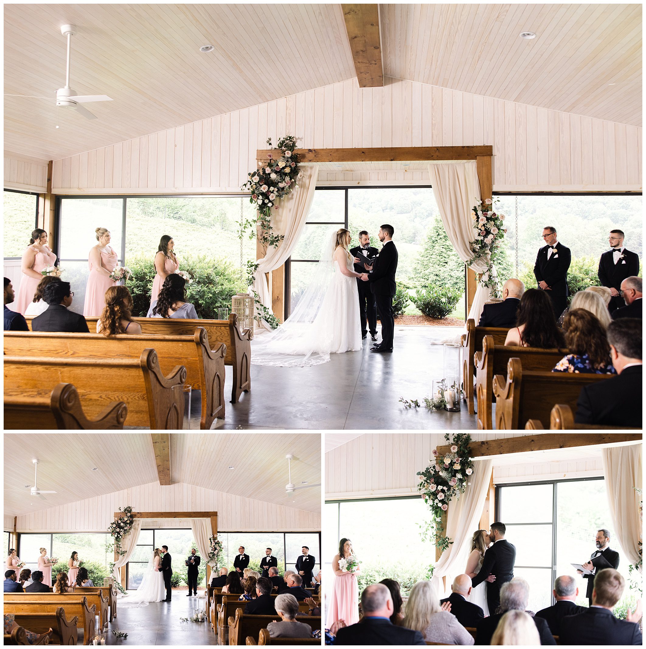 A collage depicting various scenes from a mountain wedding ceremony at Chestnut Ridge, showing the bride and groom at the altar, surrounded by guests and attendants.