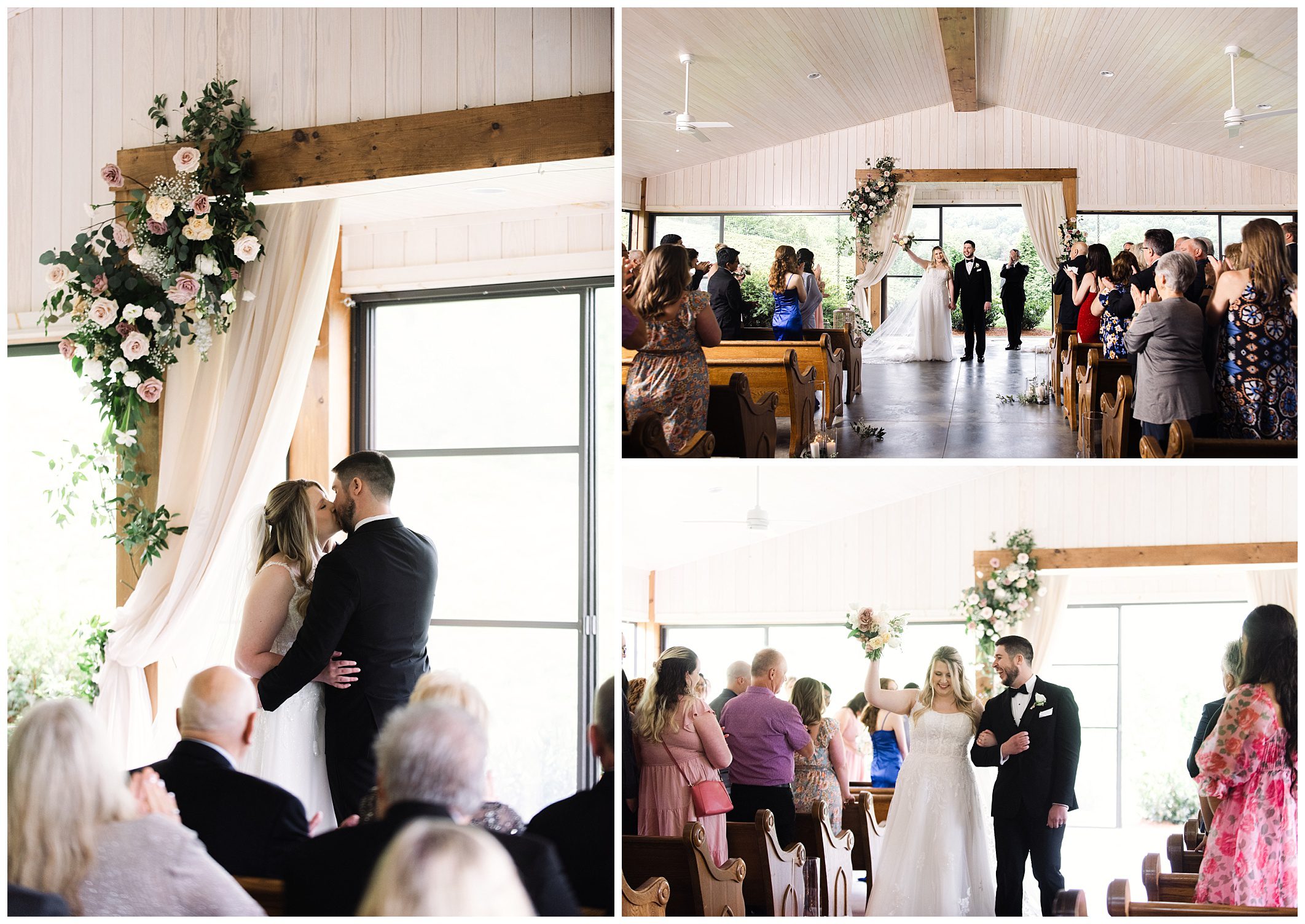 A collage of four mountain wedding scenes at Chestnut Ridge: a couple embracing by a window, guests at a ceremony, the bride and groom walking down the aisle, and an attentive audience during the vows.