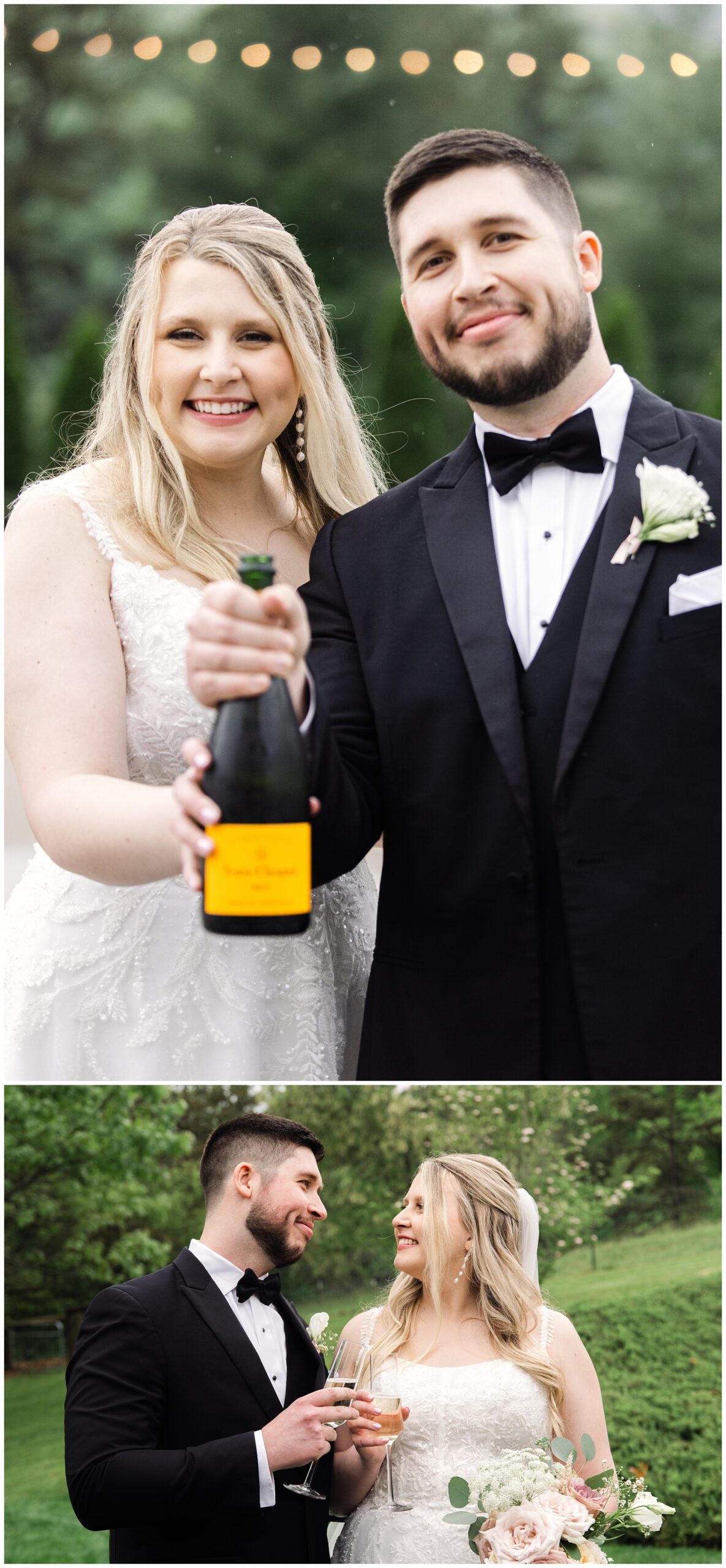 A joyful bride and groom outdoors at a mountain wedding, holding a champagne bottle and toasting with glasses, surrounded by greenery and string lights above.