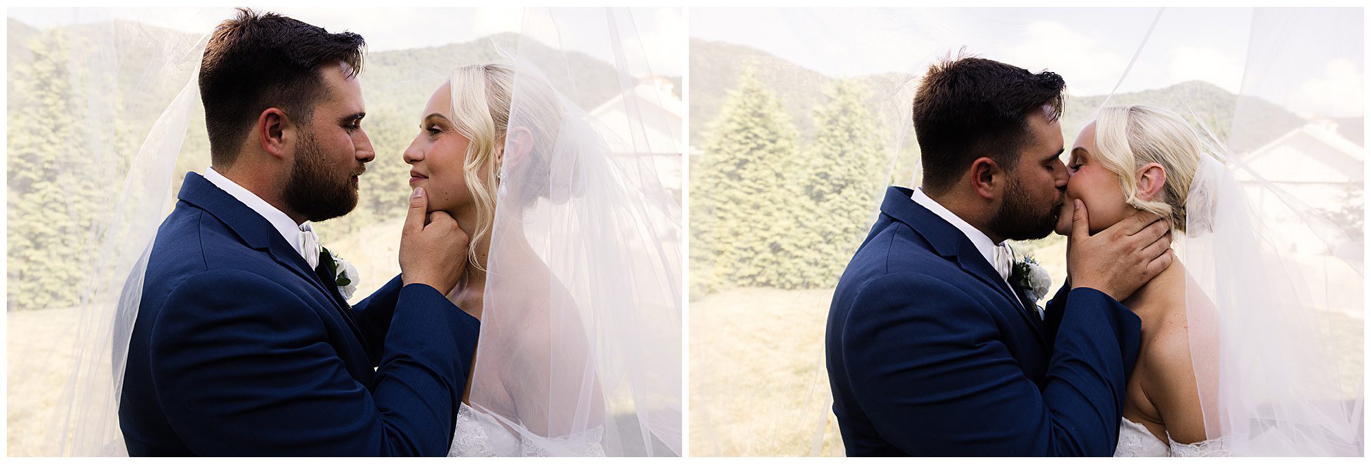 A couple in wedding attire, with the groom cupping the bride's face on the left and the couple kissing on the right, under a veil in an outdoor setting.