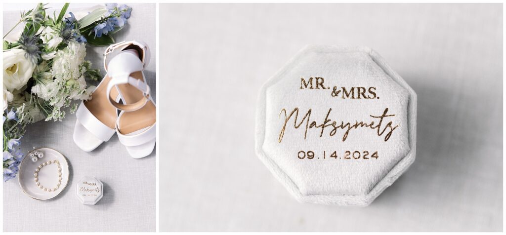 A pair of white wedding shoes, a bouquet with white flowers, a pearl necklace and earrings, and a jewelry box lid inscribed “MR. & MRS. Maksymets 09.14.2024.