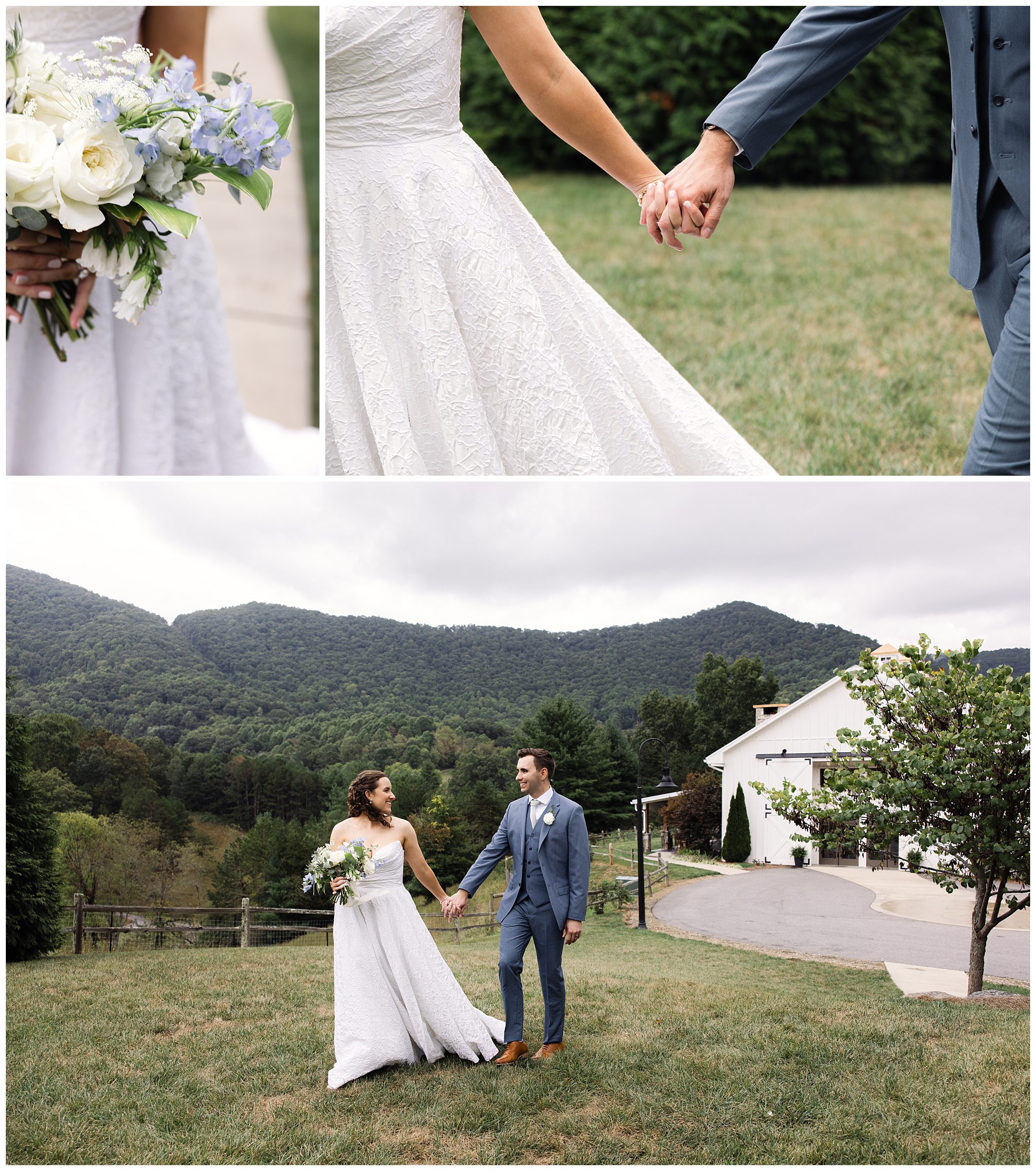 A couple in wedding attire holds hands outdoors. Bride carries a bouquet of white and blue flowers. A white building and green mountains are in the background.