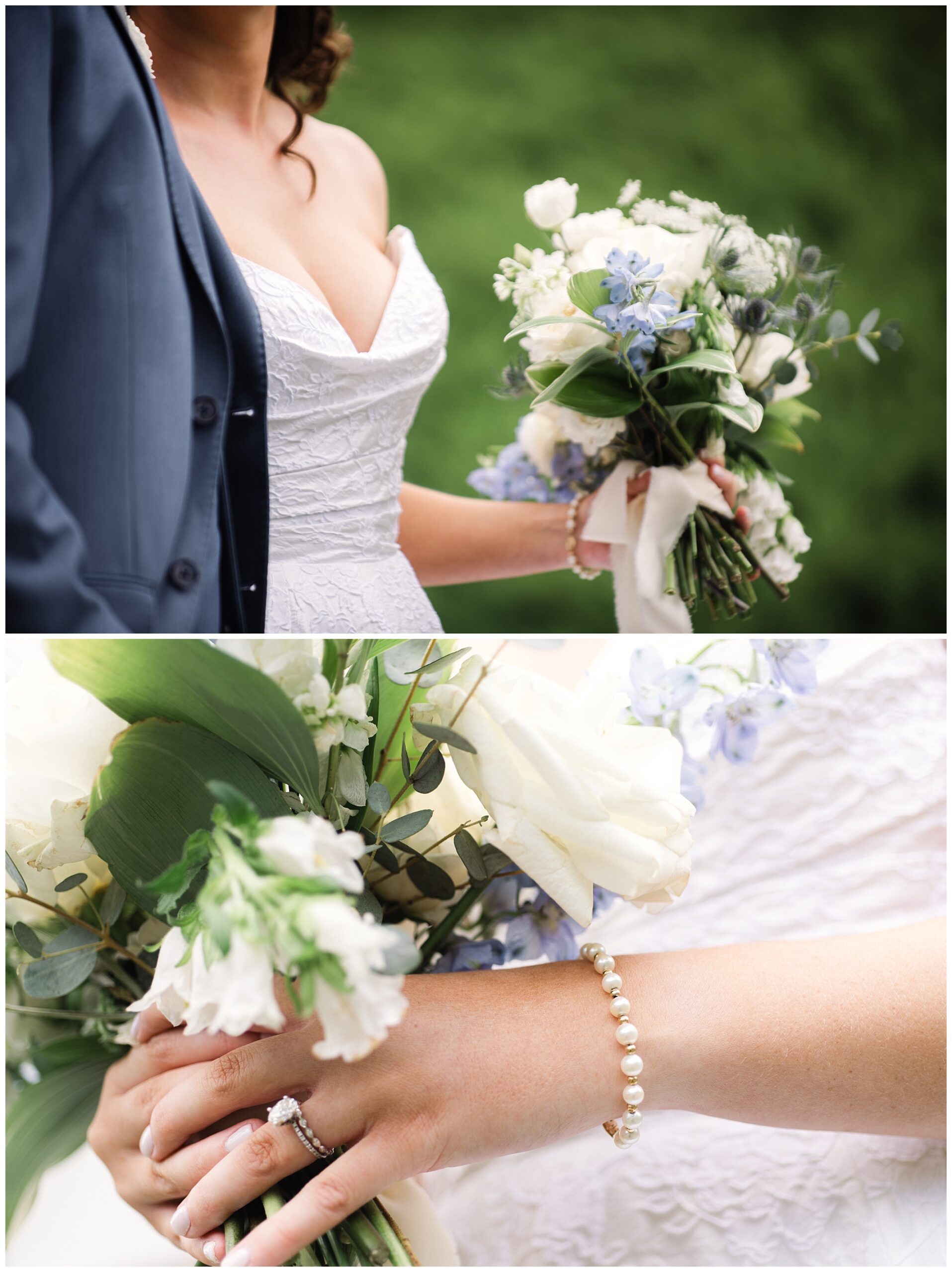 Two photos of a bride holding a bouquet of white and blue flowers, showcasing her white lace dress and pearl bracelet. The background is a blurred green foliage.