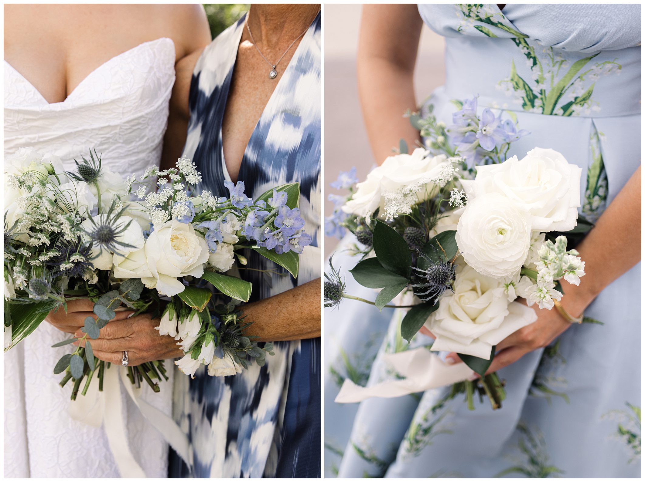 Two women are holding white and blue floral bouquets. The left woman is in a white dress, while the right woman is in a blue patterned dress.