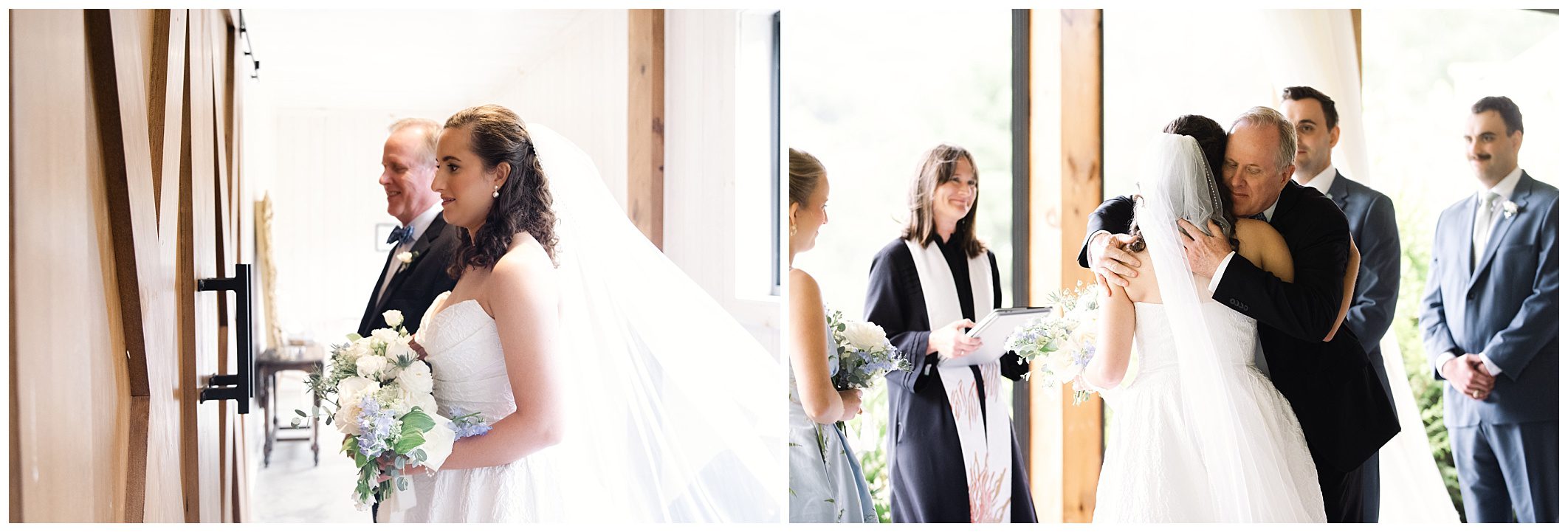 A bride, holding a bouquet, walks arm-in-arm with a man in a suit. In another frame, she embraces the same man near the altar with a wedding officiant and another man in the background.