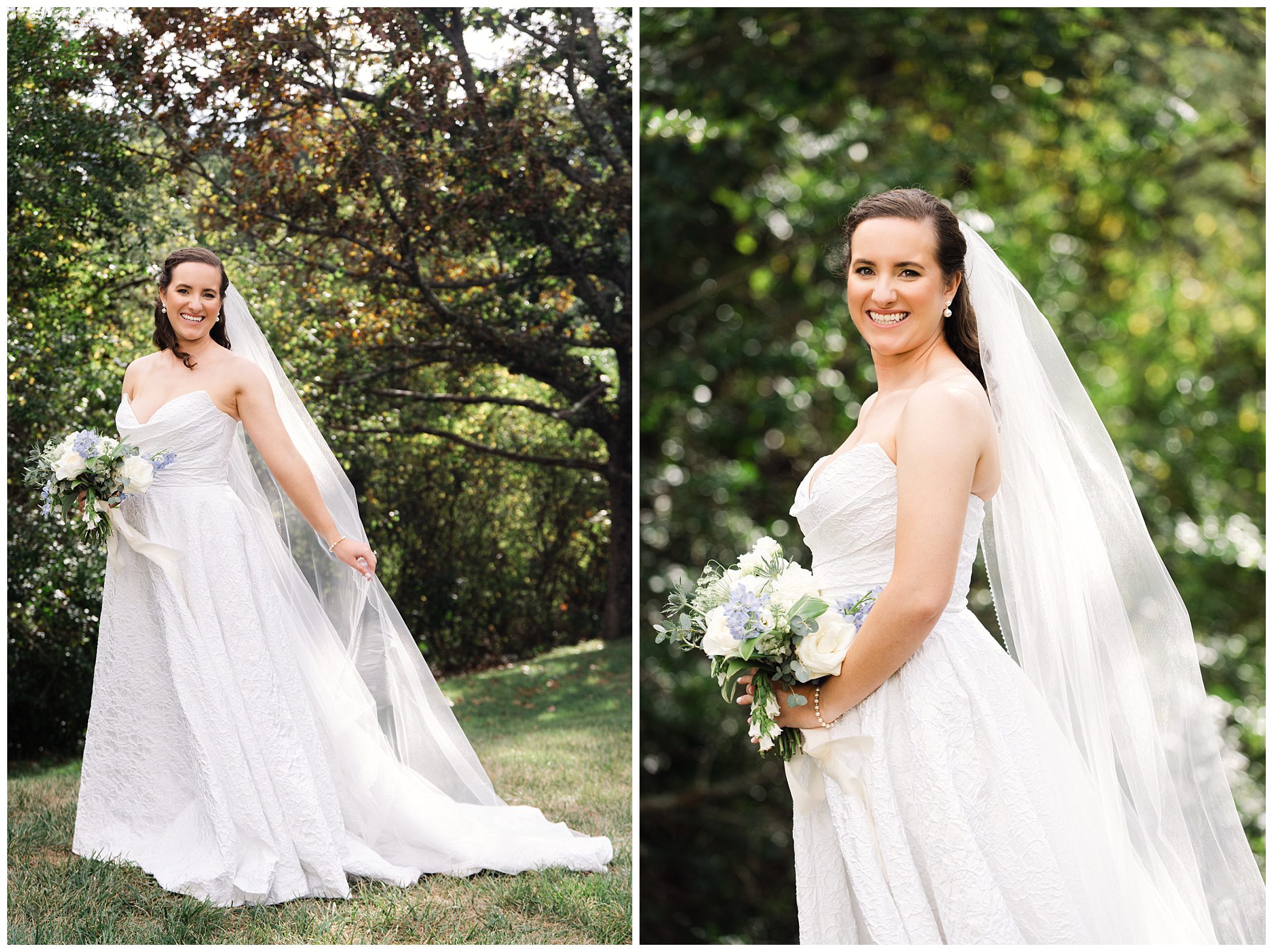 A bride in a white wedding dress and veil holds a bouquet, smiling and posing outside in a garden with greenery in the background.