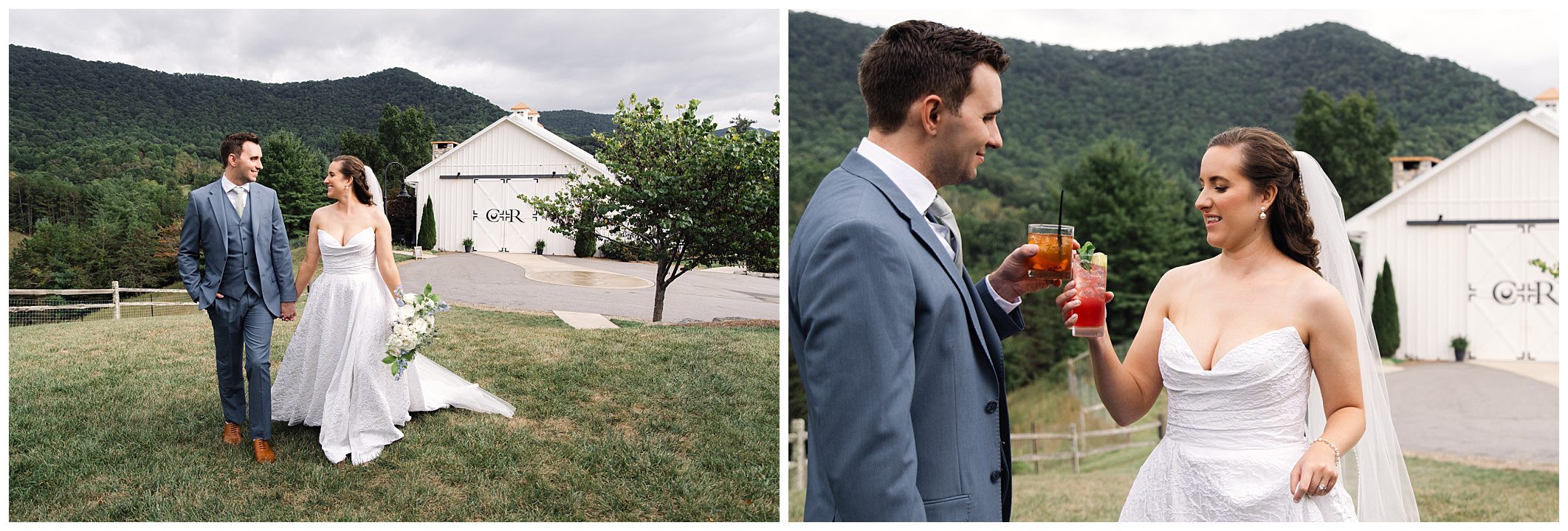 A couple in wedding attire walk hand-in-hand on grass near a white barn, followed by a second scene of them enjoying drinks against a mountainous backdrop.