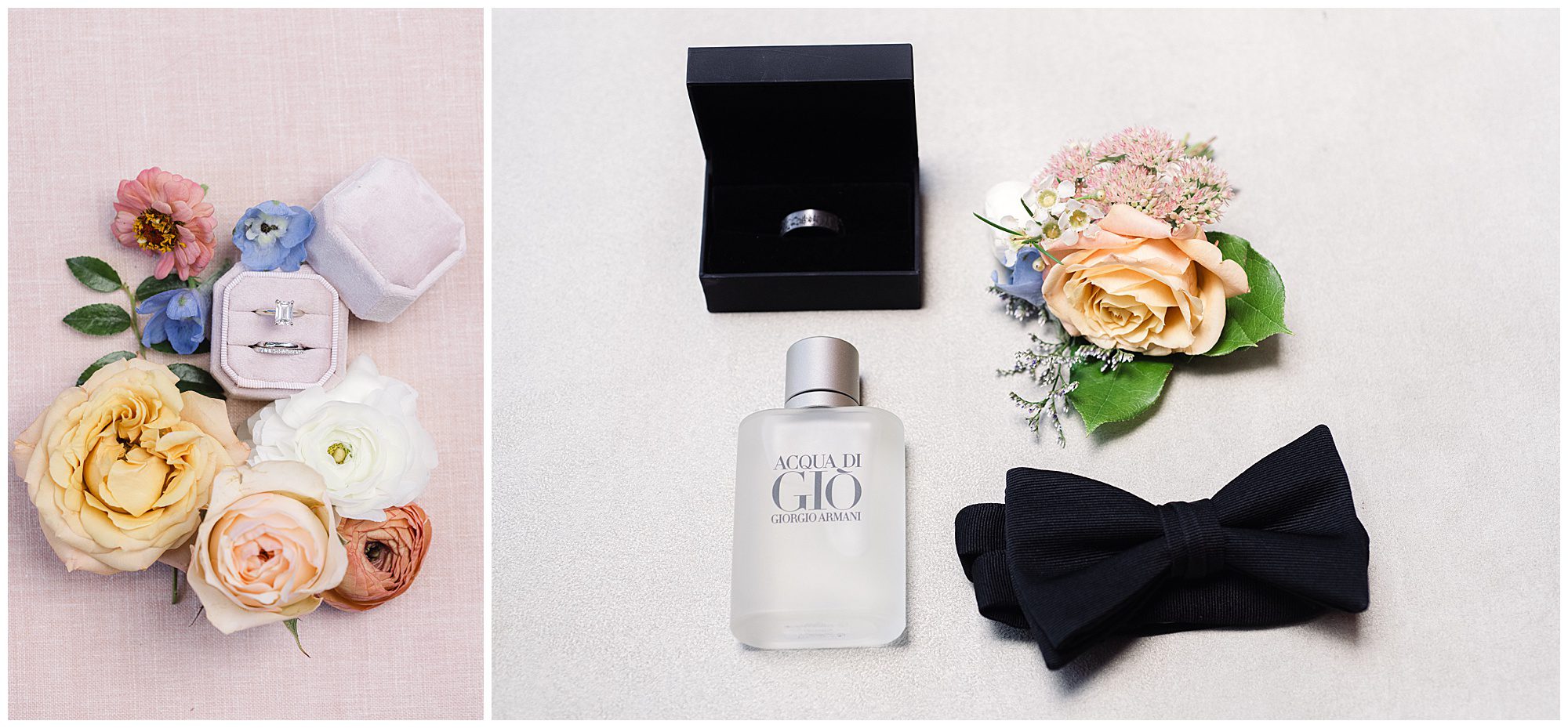 Floral arrangement with jewelry on the left; cologne, boutonnière, black bow tie, and ring in a box on the right.