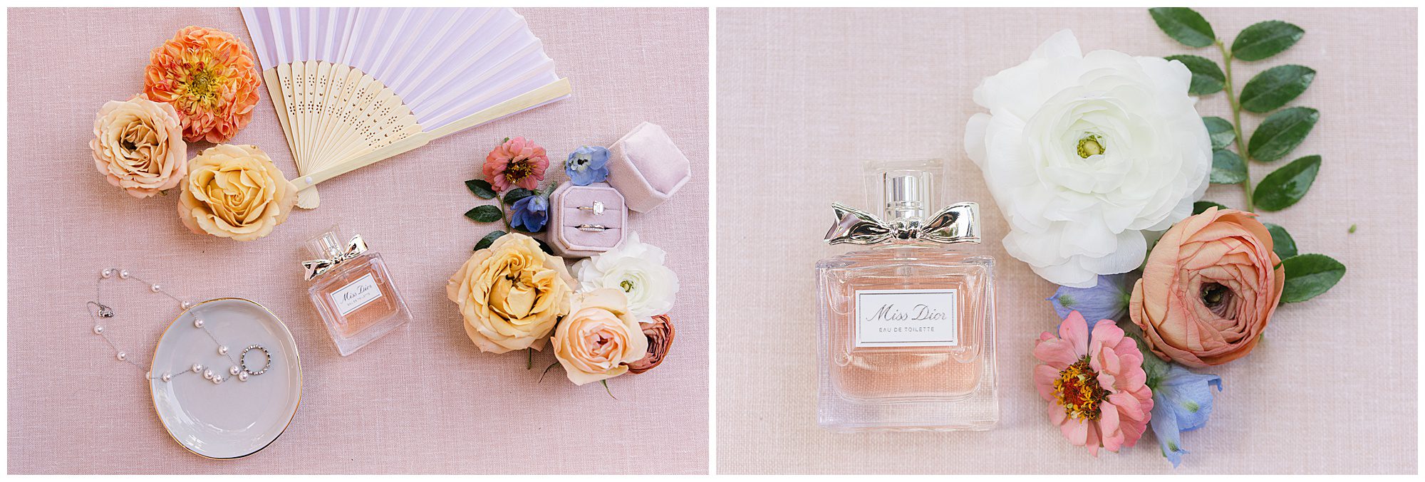 Two images showing floral arrangements and a perfume bottle. The left image includes a fan and jewelry; the right image showcases the perfume with white and pink flowers and green leaves.