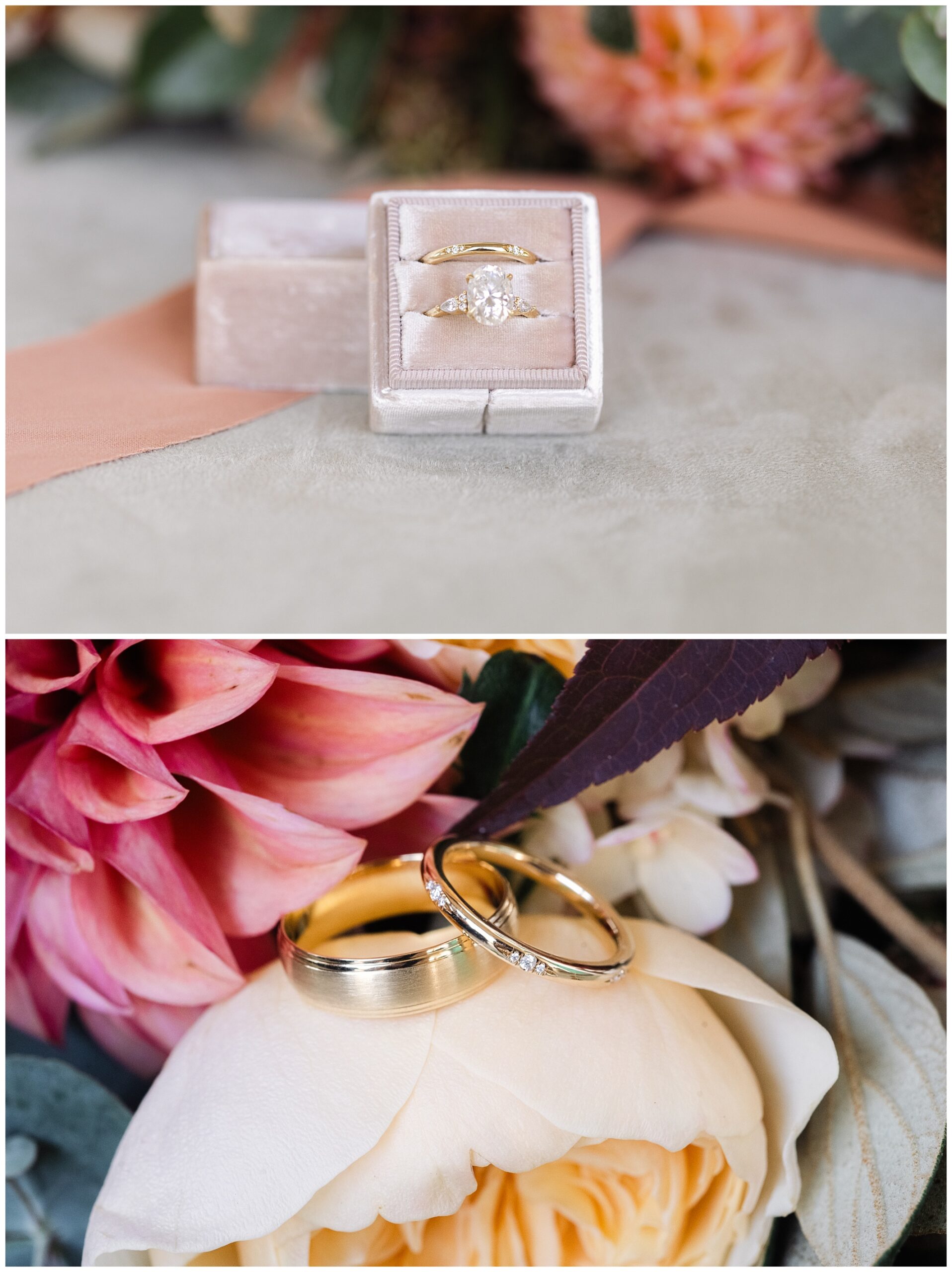 Close-up of wedding rings: a diamond engagement ring in a box and two gold rings resting on white and pink flowers.