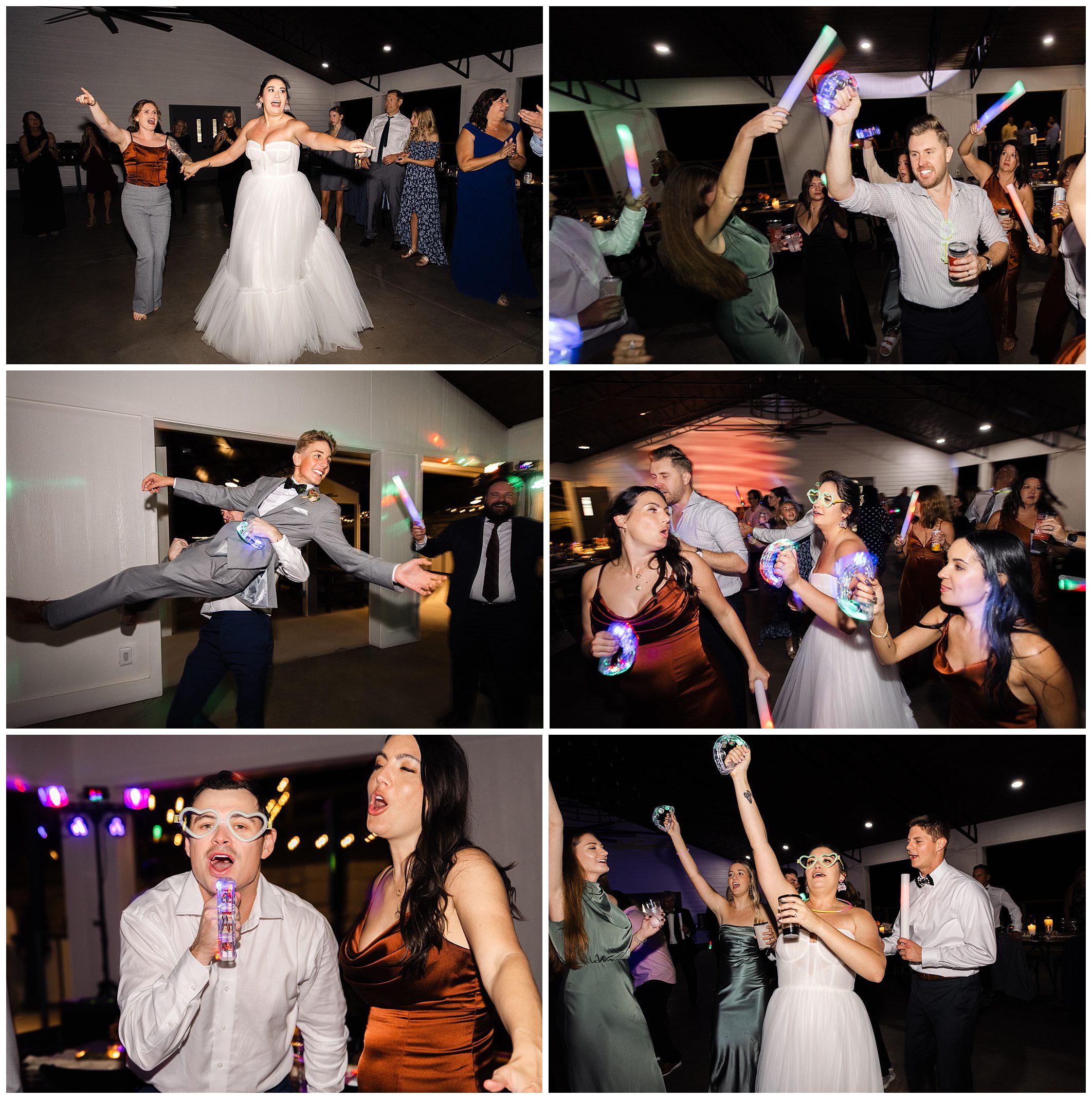 People dancing and celebrating at an indoor event, wearing formal attire. Some hold colorful LED foam sticks, and the atmosphere is lively and festive.