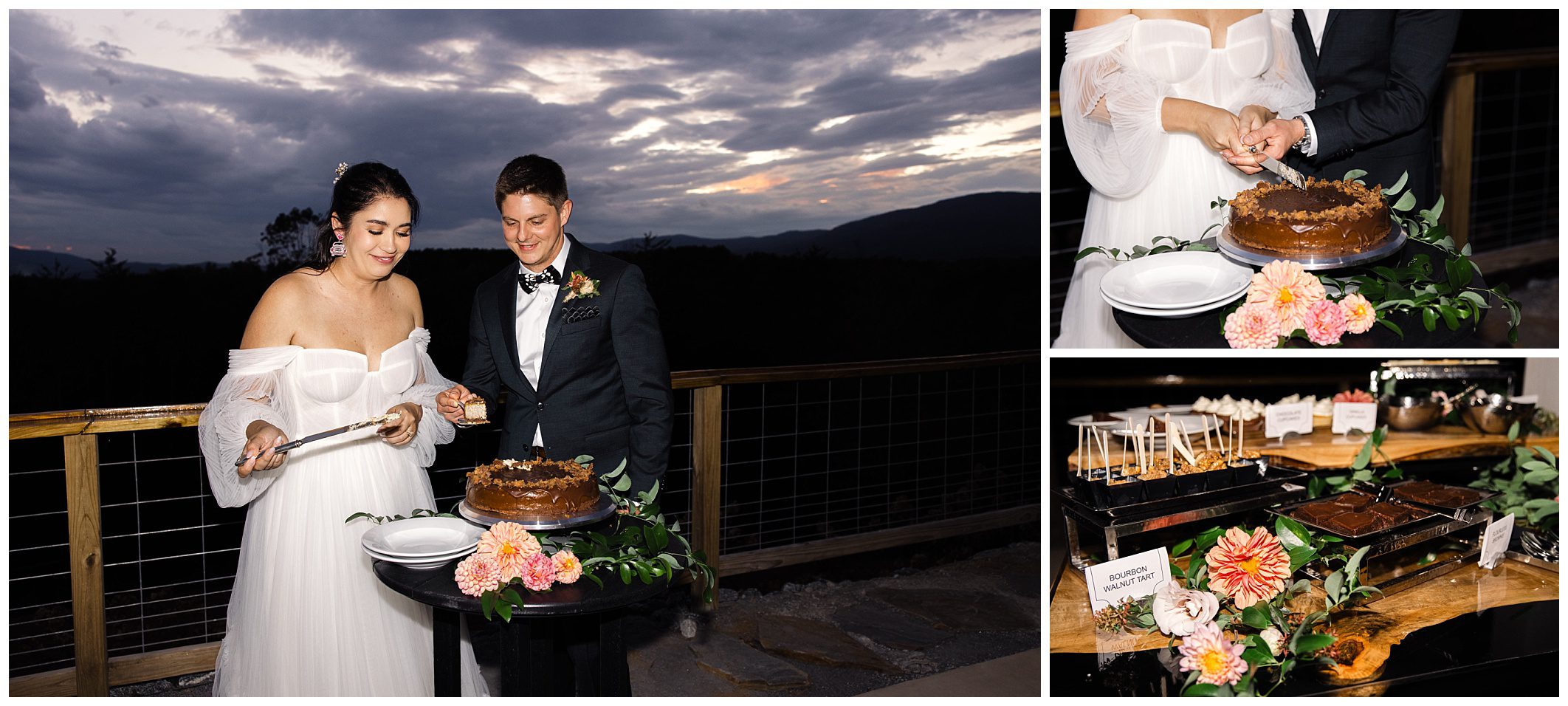 A couple cutting a cake at an outdoor event with a scenic backdrop. There is a dessert table with various treats nearby.