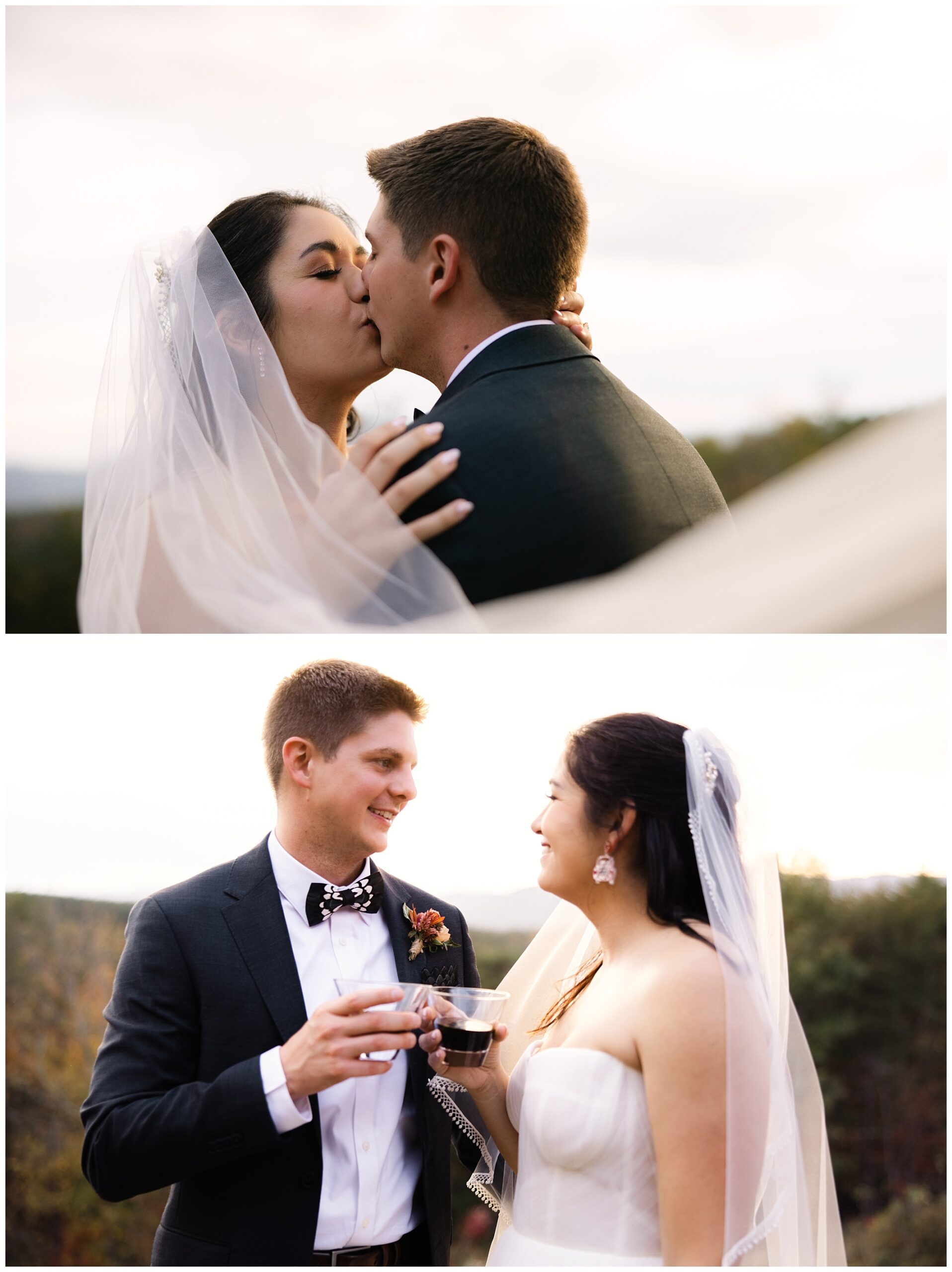 A couple in wedding attire shares a kiss in the first image. In the second, they smile at each other while holding a small object, outdoors.