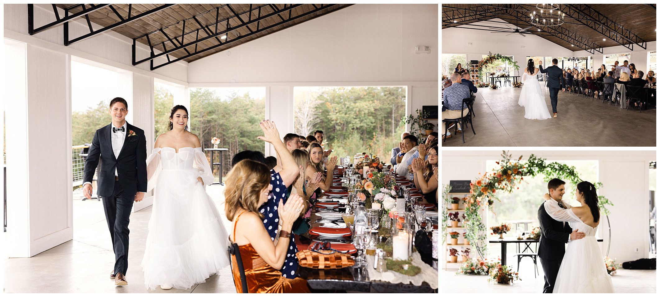 Wedding couple enters a reception as guests applaud. Two smaller images show them dancing, surrounded by decor and seated guests.